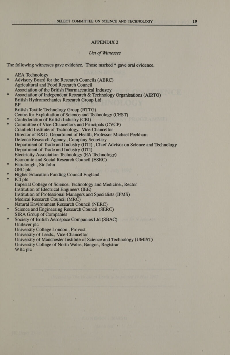  APPENDIX 2 List of Witnesses The following witnesses gave evidence. Those marked * gave oral evidence. AEA Technology * Advisory Board for the Research Councils (ABRC) Agricultural and Food Research Council Association of the British Pharmaceutical Industry * Association of Independent Research &amp; Technology Organisations (AIRTO) British Hydromechanics Research Group Ltd BP British Textile Technology Group (BTTG) Centre for Exploitation of Science and Technology (CEST) * Confederation of British Industry (CBI) * Committee of Vice-Chancellors and Principals (C VCP) Cranfield Institute of Technology., Vice-Chancellor Director of R&amp;D, Department of Health, Professor Michael Peckham Defence Research Agency., Company Secretary Department of Trade and Industry (DTI)., Chief Advisor on Science a Technology Department of Trade and Industry (DTI) Electricity Association Technology (EA Technology) Economic and Social Research Council (ESRC) * Fairclough., Sir John GEC plc * Higher Education Funding Council England * ICI ple Imperial College of Science, Technology and Medicine., Rector Institution of Electrical Engineers (IEE) Institution of Professional Managers and Specialists (IPMS) Medical Research Council (MRC) Natural Environment Research Council (NERC) * Science and Engineering Research Council (SERC) SIRA Group of Companies * Society of British Aerospace Companies Ltd (SBAC) Unilever plc University College London., Provost University of Leeds., Vice-Chancellor University of Manchester Institute of Science and Technology (UMIST) University College of North Wales, Bangor., Registrar WRc plc