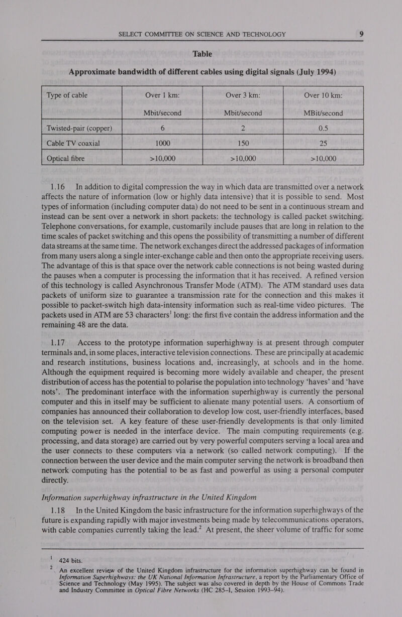  Table    Type of cable Over 1 km: Over 3 km: Over 10 km:     Mbit/second Mbit/second MBit/second Pee gNecralas asViGRAE vwonievlaoud who mapkoadod wridniiasdin racd| Cable TV coaxial | 1000 150 1.16 In addition to digital compression the way in which data are transmitted over a network affects the nature of information (low or highly data intensive) that it is possible to send. Most types of information (including computer data) do not need to be sent in a continuous stream and instead can be sent over a network in short packets: the technology is called packet switching. Telephone conversations, for example, customarily include pauses that are long in relation to the time scales of packet switching and this opens the possibility of transmitting a number of different data streams at the same time. The network exchanges direct the addressed packages of information from many users along a single inter-exchange cable and then onto the appropriate receiving users. The advantage of this is that space over the network cable connections is not being wasted during the pauses when a computer is processing the information that it has received. A refined version of this technology is called Asynchronous Transfer Mode (ATM). The ATM standard uses data packets of uniform size to guarantee a transmission rate for the connection and this makes it possible to packet-switch high data-intensity information such as real-time video pictures. The packets used in ATM are 53 characters’ long: the first five contain the address information and the remaining 48 are the data.     1.17. Access to the prototype information superhighway is at present through computer terminals and, in some places, interactive television connections. These are principally at academic and research institutions, business locations and, increasingly, at schools and in the home. Although the equipment required is becoming more widely available and cheaper, the present distribution of access has the potential to polarise the population into technology ‘haves’ and ‘have nots’. The predominant interface with the information superhighway is currently the personal computer and this in itself may be sufficient to alienate many potential users. A consortium of companies has announced their collaboration to develop low cost, user-friendly interfaces, based on the television set. A key feature of these user-friendly developments is that only limited computing power is needed in the interface device. The main computing requirements (e.g. processing, and data storage) are carried out by very powerful computers serving a local area and the user connects to these computers via a network (so called network computing). If the connection between the user device and the main computer serving the network is broadband then network computing has the potential to be as fast and powerful as using a personal computer directly. Information superhighway infrastructure in the United Kingdom 1.18 Inthe United Kingdom the basic infrastructure for the information superhighways of the future is expanding rapidly with major investments being made by telecommunications operators, with cable companies currently taking the lead.” At present, the sheer volume of traffic for some 1 2 424 bits. An excellent review of the United Kingdom infrastructure for the information superhighway can be found in Information Superhighways: the UK National Information Infrastructure, a report by the Parliamentary Office of Science and Technology (May 1995). The subject was also covered in depth by the House of Commons Trade and Industry Committee in Optical Fibre Networks (HC 285-1, Session 1993-94).
