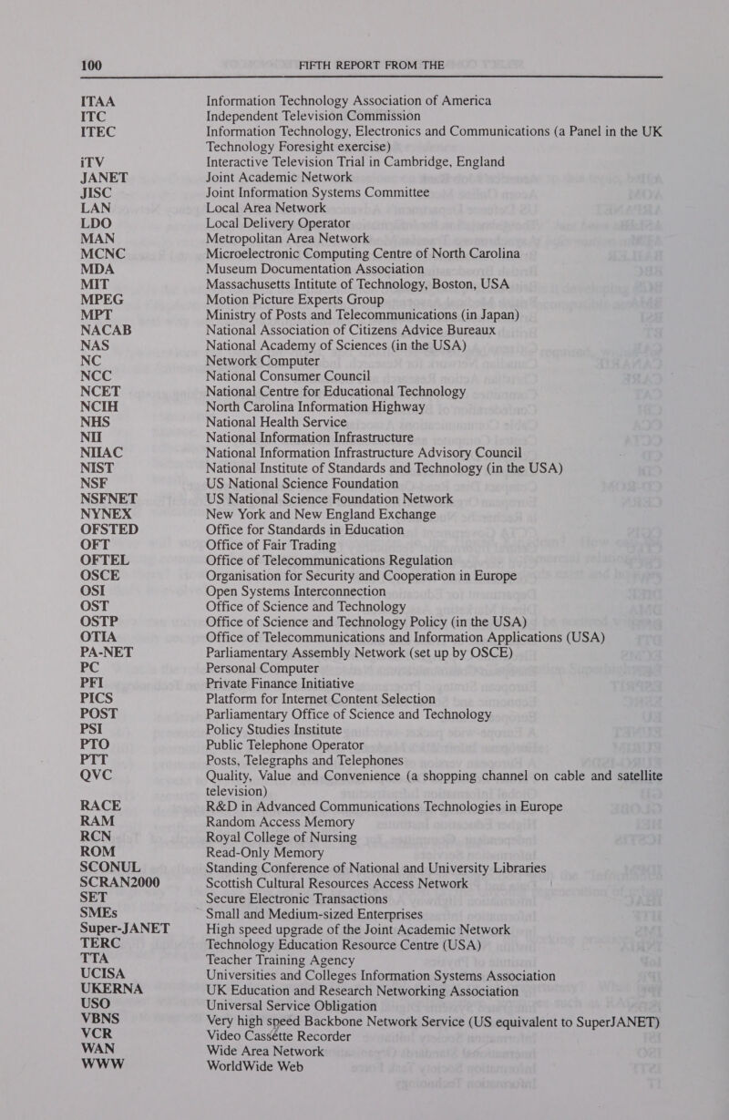  ITAA ITC ITEC iTV JANET JISC LAN LDO MAN MCNC MDA MIT MPEG MPT NACAB NAS NC NCC NCET NCIH NHS Nil NITAC NIST NSF NSFNET NYNEX OFSTED OFT OFTEL OSCE OSI OST OSTP OTIA PA-NET PC PFI PICS POST PSI PTO PTT QVC RACE RAM RCN ROM SCONUL SCRAN2000 SET SMEs Super-JANET TERC TTA UCISA UKERNA USO VBNS VCR WAN www Information Technology Association of America Independent Television Commission Information Technology, Electronics and Communications (a Panel in the UK Technology Foresight exercise) Interactive Television Trial in Cambridge, England Joint Academic Network Joint Information Systems Committee Local Area Network Local Delivery Operator Metropolitan Area Network Microelectronic Computing Centre of North Carolina - Museum Documentation Association Massachusetts Intitute of Technology, Boston, USA Motion Picture Experts Group Ministry of Posts and Telecommunications (in Japan) National Association of Citizens Advice Bureaux National Academy of Sciences (in the USA) Network Computer National Consumer Council National Centre for Educational Technology North Carolina Information Highway National Health Service National Information Infrastructure National Information Infrastructure Advisory Council National Institute of Standards and Technology (in the USA) US National Science Foundation US National Science Foundation Network New York and New England Exchange Office for Standards in Education Office of Fair Trading Office of Telecommunications Regulation Organisation for Security and Cooperation in Europe Open Systems Interconnection Office of Science and Technology Office of Science and Technology Policy (in the USA) Office of Telecommunications and Information Applications (USA) Parliamentary Assembly Network (set up by OSCE) Personal Computer Private Finance Initiative Platform for Internet Content Selection Parliamentary Office of Science and Technology Policy Studies Institute Public Telephone Operator Posts, Telegraphs and Telephones Quality, Value and Convenience (a shopping channel on cable and satellite television) R&amp;D in Advanced Communications Technologies in Europe Random Access Memory Royal College of Nursing Read-Only Memory Standing Conference of National and University Liban Scottish Cultural Resources Access Network Secure Electronic Transactions Small and Medium-sized Enterprises High speed upgrade of the Joint Academic Network Technology Education Resource Centre (USA) Teacher Training Agency Universities and Colleges Information Systems Association UK Education and Research Networking Association Universal Service Obligation Very high speed Backbone Network Service (US equivalent to SuperJANET) Video Cassette Recorder Wide Area Network WorldWide Web