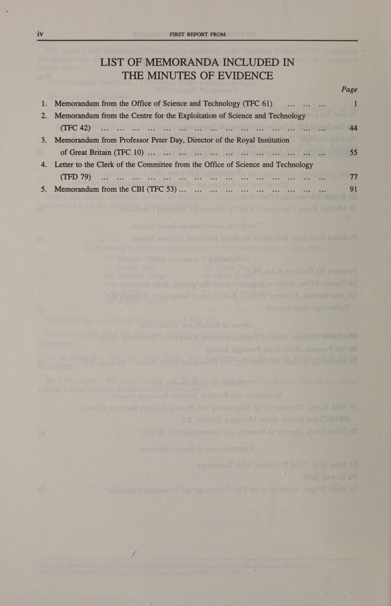 LIST OF MEMORANDA INCLUDED IN THE MINUTES OF EVIDENCE Memorandum from the Office of Science and Technology (TFC 61) Memorandum from the Centre for the Exploitation of Science and Technology (TFC 42) Memorandum from Professor Peter Day, Director of the Royal Institution of Great Britain (TFC 10) . : OD it MET ON, it AR Letter to the Clerk of the Committee from the Office of Science and Technol (TFD 79) ay Memorandum from the CBI ere vipe Page an TP. 91