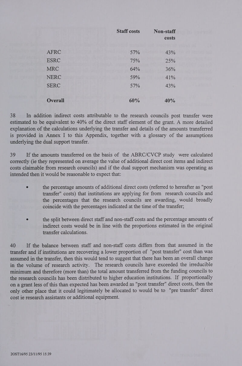 Staff costs Non-staff costs AFRC 57% 43% ESRC 75% 25% MRC 64% 36% NERC 59% 41% SERC 57% 43% Overall 60% 40% 38 In addition indirect costs attributable to the research councils post transfer were estimated to be equivalent to 40% of the direct staff element of the grant. A more detailed explanation of the calculations underlying the transfer and details of the amounts transferred is provided in Annex I to this Appendix, together with a glossary of the assumptions underlying the dual support transfer. 39 If the amounts transferred on the basis of the ABRC/CVCP study were calculated correctly (ie they represented on average the value of additional direct cost items and indirect costs claimable from research councils) and if the dual support mechanism was operating as intended then it would be reasonable to expect that: ° the percentage amounts of additional direct costs (referred to hereafter as post transfer costs) that institutions are applying for from research councils and the percentages that the research councils are awarding, would broadly coincide with the percentages indicated at the time of the transfer; e the split between direct staff and non-staff costs and the percentage amounts of indirect costs would be in line with the proportions estimated in the original transfer calculations. 40 If the balance between staff and non-staff costs differs from that assumed in the transfer and if institutions are recovering a lower proportion of post transfer cost than was assumed in the transfer, then this would tend to suggest that there has been an overall change in the volume of research activity. The research councils have exceeded the irreducible minimum and therefore (more than) the total amount transferred from the funding councils to the research councils has been distributed to higher education institutions. If proportionally on a grant less of this than expected has been awarded as post transfer direct costs, then the only other place that it could legitimately be allocated to would be to pre transfer direct cost ie research assistants or additional equipment.