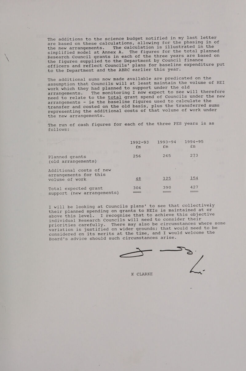 are based on these calculations, allowing for the phasing in of the new arrangements. The calculation is illustrated in the simplified model at Annex A. The figures for the total planned Research Council grants in each of the three years are based on the figures supplied to the Department by Council finance officers and reflect Councils' plans for baseline expenditure put to the Department and the ABRC earlier this year. The additional sums now made available are predicated on the assumption that Councils will at least maintain the volume of HEI work which they had planned to support under the old arrangements. The monitoring I now expect to see will therefore need to relate to the total grant spend of Councils under the new arrangements - ie the baseline figures used to calculate the transfer and costed on the old basis, plus the transferred sums representing the additional costs of that volume of work under the new arrangements. The run of cash figures for each of the three PES years is as follows: 1992-33 1993-94 1994-95 £m £m fm Planned grants 25.6 265 293 (old arrangements) Additional costs of new arrangements for this volume of work 48 125 154 Total expected grant 304 390 427 support (new arrangements) —— I will be looking at Councils plans‘ to see that collectively their planned spending on grants to HEIs is maintained at or above this level. I recognise that to achieve this objective jndividual Research Councils will need to consider their priorities carefully. There may also be circumstances where some variation is justified on wider grounds; that would need to be considered on its merits at the time, and I would welcome the Board's advice should such circumstances arise. Swi al K CLARKE