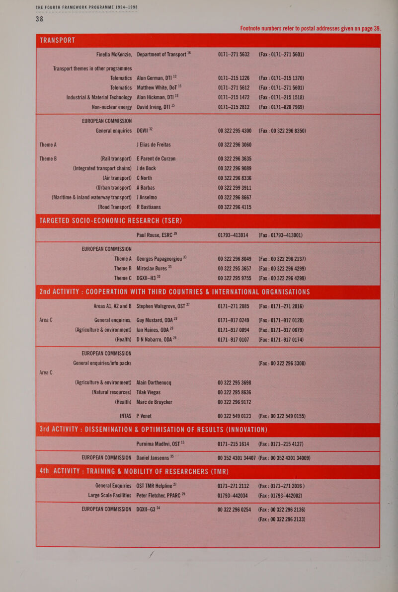 TRANSPORT Finella McKenzie, Transport themes in other programmes Telematics Telematics Industrial &amp; Material Technology Non-nuclear energy EUROPEAN COMMISSION General enquiries Theme A Theme B (Rail transport) (Integrated transport chains) (Air transport) (Urban transport) (Maritime &amp; inland waterway transport) (Road Transport) Department of Transport 1° Alun German, DTI ¥ Matthew White, DoT '® Alan Hickman, DTI David Irving, DTI !° Devil * J Elias de Freitas E Parent de Curzon J de Bock C North A Barbas J Anselmo R Bastiaans EUROPEAN COMMISSION Theme A Theme B Theme C Paul Rouse, ESRC 7° Georges Papageorgiou *° Miroslav Bures © DGXII-H3 * 0171-271 5632 0171-215 1226 0171-271 5612 0171-215 1472 0171-215 2812 00 322 295 4300 00 322 296 3060 00 322 296 3635 00 322 296 9089 00 322 296 8336 00 322 299 3911 00 322 296 8667 00 322 296 4115 00 322 296 8049 00 322 295 3657 00 322 295 9755 (Fax : 0171-271 5601) (Fax : 0171-215 1370) (Fax : 0171-271 5601) (Fax : 0171-215 1518) (Fax : 0171-828 7969) (Fax : 00 322 296 8350) (Fax : 01793413001) (Fax : 00 322 296 2137) (Fax : 00 322 296 4299) (Fax : 00 322 296 4299) (Agriculture &amp; environment) (Health) EUROPEAN COMMISSION (Agriculture &amp; environment) (Natural resources) (Health) lan Haines, ODA 28 D N Nabarro, ODA 78 Alain Darthenucq Tilak Viegas Mare de Bruycker 0171-917 0094 0171-917 0107 00 322 295 3698 00 322 295 8636 00 322 296 9172 (Fax : 0171-917 0679) (Fax : 0171-917 0174) EUROPEAN COMMISSION Daniel Jansenns * 00 352 4301 34407 (Fax : 00 352 4301 34009) 4th ACTIVITY : TRAINING &amp; MOBILITY OF RESEARCHERS (TMR) 0171-271 2112 General Enquiries OST TMR Helpline 7” Large Scale Facilities Peter Fletcher, PPARC 2° EUROPEAN COMMISSION DGXII-G3 * 00 322 296.0254 (Fax : 00 322 296 2136) 
