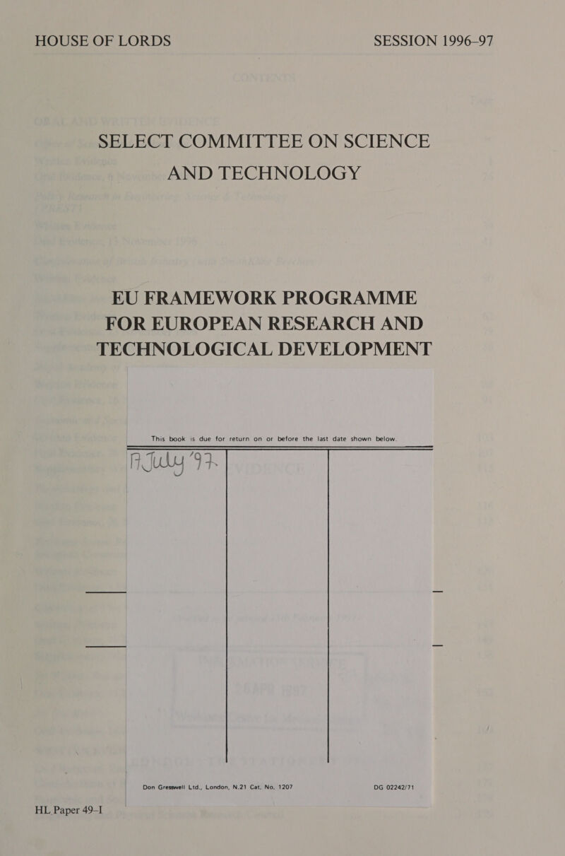 SELECT COMMITTEE ON SCIENCE AND TECHNOLOGY EU FRAMEWORK PROGRAMME FOR EUROPEAN RESEARCH AND TECHNOLOGICAL DEVELOPMENT