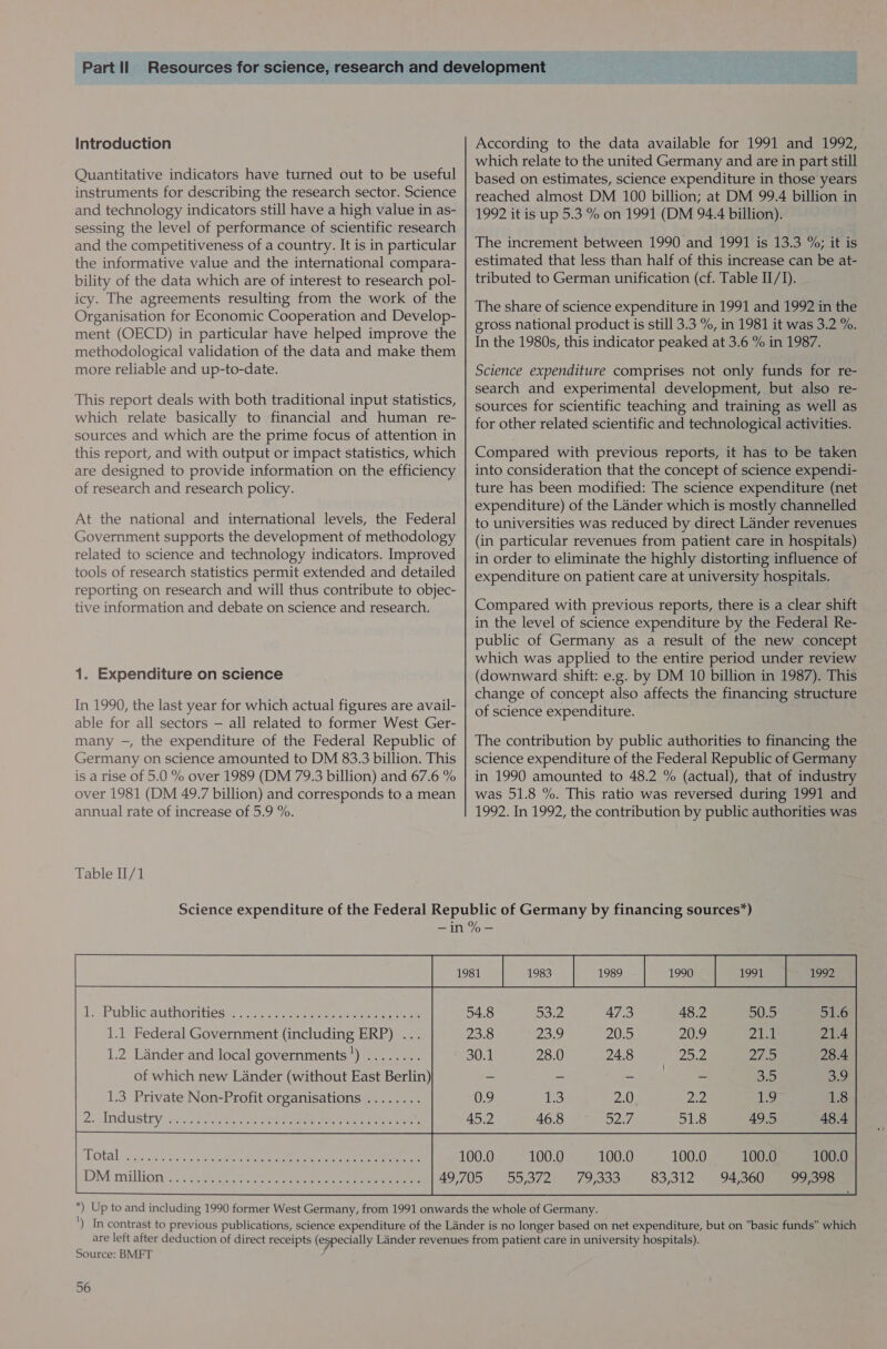 Introduction Quantitative indicators have turned out to be useful instruments for describing the research sector. Science and technology indicators still have a high value in as- sessing the level of performance of scientific research and the competitiveness of a country. It is in particular the informative value and the international compara- bility of the data which are of interest to research pol- icy. The agreements resulting from the work of the Organisation for Economic Cooperation and Develop- ment (OECD) in particular have helped improve the methodological validation of the data and make them more reliable and up-to-date. This report deals with both traditional input statistics, which relate basically to financial and human re- sources and which are the prime focus of attention in this report, and with output or impact statistics, which are designed to provide information on the efficiency of research and research policy. At the national and international levels, the Federal Government supports the development of methodology related to science and technology indicators. Improved tools of research statistics permit extended and detailed reporting on research and will thus contribute to objec- tive information and debate on science and research. 1. Expenditure on science In 1990, the last year for which actual figures are avail- able for all sectors — all related to former West Ger- many -, the expenditure of the Federal Republic of Germany on science amounted to DM 83.3 billion. This is a rise of 5.0 % over 1989 (DM 79.3 billion) and 67.6 % over 1981 (DM 49.7 billion) and corresponds to a mean annual rate of increase of 5.9 %. Table II/1 According to the data available for 1991 and 1992, which relate to the united Germany and are in part still based on estimates, science expenditure in those years reached almost DM 100 billion; at DM 99.4 billion in 1992 it is up 5.3 % on 1991 (DM 94.4 billion). The increment between 1990 and 1991 is 13.3 %; it is estimated that less than half of this increase can be at- tributed to German unification (cf. Table II/I). The share of science expenditure in 1991 and 1992 in the gross national product is still 3.3 %, in 1981 it was 3.2 %. In the 1980s, this indicator peaked at 3.6 % in 1987. Science expenditure comprises not only funds for re- search and experimental development, but also re- sources for scientific teaching and training as well as for other related scientific and technological activities. Compared with previous reports, it has to be taken into consideration that the concept of science expendi- ture has been modified: The science expenditure (net expenditure) of the Lander which is mostly channelled to universities was reduced by direct Lander revenues (in particular revenues from patient care in hospitals) in order to eliminate the highly distorting influence of expenditure on patient care at university hospitals. Compared with previous reports, there is a clear shift in the level of science expenditure by the Federal Re- public of Germany as a result of the new concept which was applied to the entire period under review (downward shift: e.g. by DM 10 billion in 1987). This change of concept also affects the financing structure of science expenditure. The contribution by public authorities to financing the science expenditure of the Federal Republic of Germany in 1990 amounted to 48.2 % (actual), that of industry was 51.8 %. This ratio was reversed during 1991 and 1992. In 1992, the contribution by public authorities was 1. Public authorities 1.1 Federal Government (including ERP) ... 1.2 Lander and local governments ') of which new Lander (without East Berlin) 1.3 Private Non-Profit organisations 2. Industry  100.0 5o,o/2 100.0 99,398 100.0 797338 100.0 83,312 100.0 94,360 Source: BMET 4