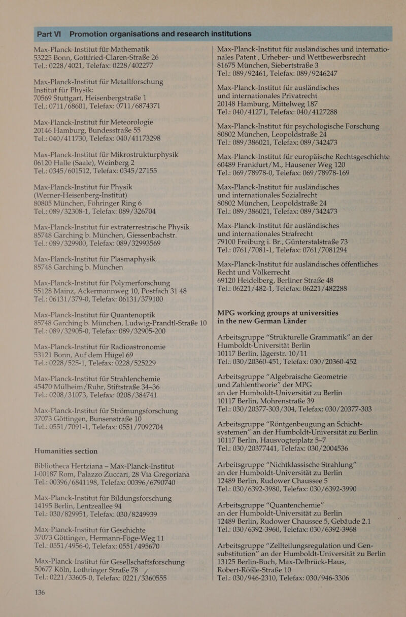 Max-Planck-Institut fiir Mathematik 53225 Bonn, Gottfried-Claren-Strafe 26 Tel.: 0228/4021, Telefax: 0228 /402277 Max-Planck-Institut fiir Metallforschung Institut fiir Physik: 70569 Stuttgart, Heisenbergstrafe 1 Tel.: 0711/68601, Telefax: 0711/6874371 Max-Planck-Institut fiir Meteorologie 20146 Hamburg, BundesstrafSe 55 Tel.: 040/411730, Telefax: 040/41173298 Max-Planck-Institut fiir Mikrostrukturphysik 06120 Halle (Saale), Weinberg 2 Tel.: 0345/601512, Telefax: 0345/27155 Max-Planck-Institut fiir Physik (Werner-Heisenberg-Institut) 80805 Miinchen, Fohringer Ring 6 Tel.: 089/32308-1, Telefax: 089/326704 Max-Planck-Institut fiir extraterrestrische Physik 85748 Garching b. Miinchen, Giessenbachstr. Tel.: 089/329900, Telefax: 089/32993569 Max-Planck-Institut fiir Plasmaphysik 85748 Garching b. Miinchen Max-Planck-Institut fiir Polymerforschung 55128 Mainz, Ackermannweg 10, Postfach 31 48 Tel.: 06131/379-0, Telefax: 06131/379100 Max-Planck-Institut fiir Quantenoptik 85748 Garching b. Miinchen, Ludwig-Prandtl-Strafe 10 Tel.: 089/32905-0, Telefax: 089 /32905-200 Max-Planck-Institut fiir Radioastronomie 53121 Bonn, Auf dem Htigel 69 Tel.: 0228/525-1, Telefax: 0228 /525229 Max-Planck-Institut fiir Strahlenchemie 45470 Miilheim/ Ruhr, StiftstraSe 34-36 Tel.: 0208 /31073, Telefax: 0208 /384741 Max-Planck-Institut fiir Stromungsforschung 37073 Géttingen, Bunsenstrafe 10 Tel.: 0551/7091-1, Telefax: 0551/7092704 Humanities section Bibliotheca Hertziana — Max-Planck-Institut I-00187 Rom, Palazzo Zuccari, 28 Via Gregoriana Tel.: 00396 /6841198, Telefax: 00396 /6790740 Max-Planck-Institut fiir Bildungsforschung 14195 Berlin, Lentzeallee 94 Tel.: 030/829951, Telefax: 030/8249939 Max-Planck-Institut fiir Geschichte 37073 Gottingen, Hermann-Fége-Weg 11 Tel.: 0551/4956-0, Telefax: 0551 /495670 Max-Planck-Institut fiir Gesellschaftsforschung 50677 K6ln, Lothringer Strafe 78 , Tel.: 0221/33605-0, Telefax: 0221/3360555 136 Max-Planck-Institut fiir auslandisches und internationales Privatrecht 20148 Hamburg, Mittelweg 187 Tel.: 040/41271, Telefax: 040/4127288 Max-Planck-Institut fiir psychologische Forschung 80802 Miinchen, Leopoldstrafse 24 Tel.: 089/386021, Telefax: 089/342473 Max-Planck-Institut fiir europaische Rechtsgeschichte 60489 Frankfurt/M., Hausener Weg 120 Tel.: 069/78978-0, Telefax: 069/78978-169 Max-Planck-Institut fiir auslandisches und internationales Sozialrecht 80802 Mtinchen, Leopoldstrafse 24 Tel.: 089/386021, Telefax: 089/342473 Max-Planck-Institut flr auslandisches und internationales Strafrecht 79100 Freiburg i. Br., Giinterstalstrafe 73 Tel.: 0761/7081-1, Telefax: 0761/7081294 Max-Planck-Institut fiir auslandisches 6ffentliches Recht und Vélkerrecht 69120 Heidelberg, Berliner Strafse 48 Tel.: 06221/482-1, Telefax: 06221 /482288 MPG working groups at universities in the new German Lander Arbeitsgruppe “Strukturelle Grammatik” an der Humboldt-Universitat Berlin 10117 Berlin, Jagerstr. 10/11 Tel.: 030/20360-451, Telefax: 030/20360-452 Arbeitsgruppe “Algebraische Geometrie und Zahlentheorie” der MPG an der Humboldt-Universitat zu Berlin 10117 Berlin, Mohrenstrafe 39 Tel.: 030 /20377-303/304, Telefax: 030 /20377-303 Arbeitsgruppe “Rontgenbeugung an Schicht- systemen” an der Humboldt-Universitat zu Berlin 10117 Berlin, Hausvogteiplatz 5-7 Tel.: 030/20377441, Telefax: 030/2004536 Arbeitsgruppe “Nichtklassische Strahlung” an der Humboldt-Universitat zu Berlin 12489 Berlin, Rudower Chaussee 5 Tel.: 030/6392-3980, Telefax: 030/6392-3990 Arbeitsgruppe “Quantenchemie” an der Humboldt-Universitat zu Berlin 12489 Berlin, Rudower Chaussee 5, Gebaude 2.1 Tel.: 030/6392-3960, Telefax: 030 /6392-3968 Arbeitsgruppe “Zellteilungsregulation und Gen- substitution” an der Humboldt-Universitat zu Berlin 13125 Berlin-Buch, Max-Delbriick-Haus, Robert-R6Gle-Strafe 10 Tel.: 030/946-2310, Telefax: 030/946-3306