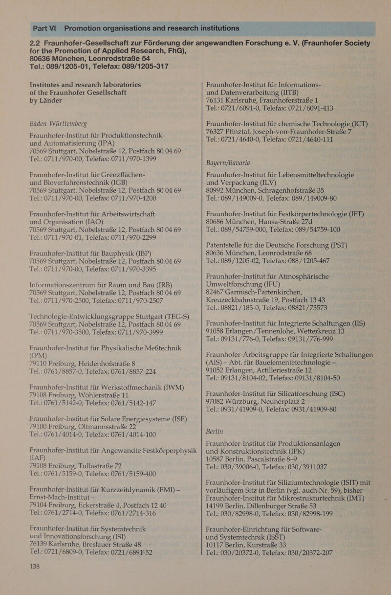 for the Promotion of Applied Research, FhG), 80636 Miinchen, LeonrodstraBe 54 Tel.: 089/1205-01, Telefax: 089/1205-317 Institutes and research laboratories of the Fraunhofer Gesellschaft by Lander Baden-Wiirttemberg Fraunhofer-Institut fiir Produktionstechnik und Automatisierung (IPA) 70569 Stuttgart, Nobelstrafse 12, Postfach 80 04 69 Tel.: 0711/970-00, Telefax: 0711/970-1399 Fraunhofer-Institut fiir Grenzflachen- und Bioverfahrenstechnik (IGB) 70569 Stuttgart, Nobelstrafse 12, Postfach 80 04 69 Tel.: 0711/970-00, Telefax: 0711/970-4200 Fraunhofer-Institut fiir Arbeitswirtschaft und Organisation (IAQ) 70569 Stuttgart, NobelstrafSe 12, Postfach 80 04 69 Tel.: 0711/970-01, Telefax: 0711/970-2299 Fraunhofer-Institut fiir Bauphysik (IBP) 70569 Stuttgart, NobelstrafSe 12, Postfach 80 04 69 Tel.: 0711/970-00, Telefax: 0711/970-3395 Informationszentrum fiir Raum und Bau (IRB) 70569 Stuttgart, Nobelstrafe 12, Postfach 80 04 69 Tel.: 0711/970-2500, Telefax: 0711/970-2507 Technologie-Entwicklungsgruppe Stuttgart (TEG-S) 70569 Stuttgart, Nobelstrafe 12, Postfach 80 04 69 Tel.: 0711/970-3500, Telefax: 0711/970-3999 Fraunhofer-Institut fiir Physikalische Mefstechnik (IPM) 79110 Freiburg, Heidenhofstrafe 8 Tel.: 0761/8857-0, Telefax: 0761/8857-224 Fraunhofer-Institut ftir Werkstoffmechanik (IWM) 79108 Freiburg, WohlerstrafSe 11 Tel.: 0761/5142-0, Telefax: 0761/5142-147 Fraunhofer-Institut ftir Solare Energiesysteme (ISE) 79100 Freiburg, Oltmannsstrafse 22 Tel.: 0761/4014-0, Telefax: 0761/4014-100 Fraunhofer-Institut fiir Angewandte Festkérperphysik (IAF) 79108 Freiburg, Tullastra8e 72 Tel.: 0761/5159-0, Telefax: 0761/5159-400 Fraunhofer-Institut fiir Kurzzeitdynamik (EMI) — Ernst-Mach-Institut — 79104 Freiburg, EckerstraBe 4, Postfach 12 40 Tel.: 0761/2714-0, Telefax: 0761 /2714-316 Fraunhofer-Institut fiir Systemtechnik und Innovationsforschung (ISI) 76139 Karlsruhe, Breslauer StraBe 48 Tel.: 0721/6809-0, Telefax: 0721 /689¥-52 138 Fraunhofer-Institut fiir Informations- und Datenverarbeitung (IITB) 76131 Karlsruhe, Fraunhoferstrafe 1 Tel.: 0721/6091-0, Telefax: 0721/6091-413 Fraunhofer-Institut fiir chemische Technologie (ICT) 76327 Pfinztal, Joseph-von-Fraunhofer-Strafe 7 Tel.: 0721 /4640-0, Telefax: 0721/4640-111 Bayern/Bavaria Fraunhofer-Institut fiir Lebensmitteltechnologie und Verpackung (ILV) 80992 Miinchen, Schragenhofstrafse 35 Tel.: 089/149009-0, Telefax: 089/149009-80 Fraunhofer-Institut fiir Festkérpertechnologie (IFT) Tel.: 089/54759-000, Telefax: 089/54759-100 Patentstelle fiir die Deutsche Forschung (PST) 80636 Munchen, Leonrodstraf&e 68 Tel.: 089/1205-02, Telefax: 088 /1205-467 Fraunhofer-Institut fiir Atmospharische Umweltforschung (IFU) 82467 Garmisch-Partenkirchen, Kreuzeckbahnstrafe 19, Postfach 13 43 Tel.: 08821/183-0, Telefax: 08821/73573 Fraunhofer-Institut fiir Integrierte Schaltungen (IS) 91058 Erlangen/Tennenlohe, Wetterkreuz 13 Tel.: 09131/776-0, Telefax: 09131/776-999 Fraunhofer-Arbeitsgruppe fiir Integrierte Schaltungen (AIS) — Abt. fiir Bauelementetechnologie — 91052 Erlangen, Artilleriestrafse 12 Tel.: 09131/8104-02, Telefax: 09131/8104-50 Fraunhofer-Institut fiir Silicatforschung (ISC) 97082 Wiirzburg, Neunerplatz 2 Tel.: 0931/41909-0, Telefax: 0931/41909-80 Berlin Fraunhofer-Institut fiir Produktionsanlagen und Konstruktionstechnik (IPK) 10587 Berlin, Pascalstrafse 8-9 Tel.: 030/39006-0, Telefax: 030/3911037 Fraunhofer-Institut fiir Siliziumtechnologie (ISIT) mit vorlaufigem Sitz in Berlin (vgl. auch Nr. 59), bisher Fraunhofer-Institut fur Mikrostrukturtechnik (IMT) 14199 Berlin, Dillenburger StrafSe 53 Tel.: 030/82998-0, Telefax: 030/82998-199 Fraunhofer-Einrichtung fiir Software- und Systemtechnik (ISST) 10117 Berlin, Kurstrafse 33 Tel.: 030/20372-0, Telefax: 030/20372-207
