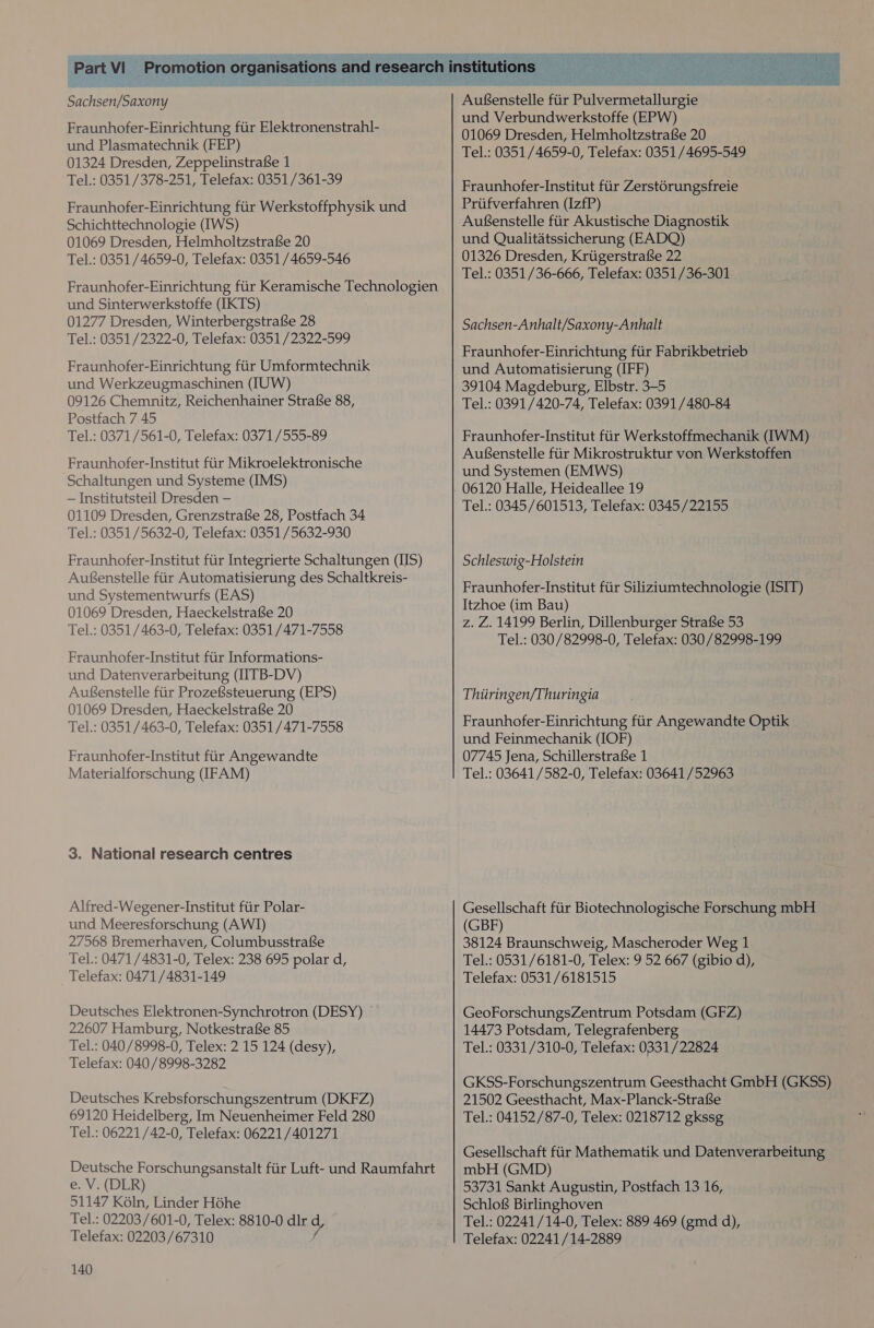 Sachsen/Saxony Fraunhofer-Einrichtung fiir Elektronenstrahl- und Plasmatechnik (FEP) 01324 Dresden, Zeppelinstrafe 1 Tel.: 0351/378-251, Telefax: 0351/361-39 Fraunhofer-Einrichtung fiir Werkstoffphysik und Schichttechnologie (IWS) 01069 Dresden, Helmholtzstrafe 20 Tel.: 0351/4659-0, Telefax: 0351/4659-546 Fraunhofer-Einrichtung fiir Keramische Technologien und Sinterwerkstoffe (IKTS) 01277 Dresden, Winterbergstrafe 28 Tel.: 0351 /2322-0, Telefax: 0351/2322-599 Fraunhofer-Einrichtung fiir Umformtechnik und Werkzeugmaschinen (UW) 09126 Chemnitz, Reichenhainer StraGe 88, Postfach 7 45 Tel.: 0371 /561-0, Telefax: 0371/555-89 Fraunhofer-Institut fiir Mikroelektronische Schaltungen und Systeme (IMS) — Institutsteil Dresden — 01109 Dresden, Grenzstrafe 28, Postfach 34 Tel.: 0351 /5632-0, Telefax: 0351 /5632-930 Fraunhofer-Institut ftir Integrierte Schaltungen (IIS) Aufenstelle fiir Automatisierung des Schaltkreis- und Systementwurfs (EAS) 01069 Dresden, HaeckelstrafSe 20 Tel.: 0351/463-0, Telefax: 0351/471-7558 Fraunhofer-Institut fur Informations- und Datenverarbeitung (IITB-DV) Aufenstelle fiir ProzefSsteuerung (EPS) 01069 Dresden, Haeckelstrafe 20 Tel.: 0351/463-0, Telefax: 0351/471-7558 Fraunhofer-Institut fiir Angewandte Materialforschung (IFAM) 3. National research centres Alfred-Wegener-Institut fiir Polar- und Meeresforschung (AWI) 27568 Bremerhaven, Columbusstrafe Tel.: 0471/4831-0, Telex: 238 695 polar d, Telefax: 0471 /4831-149 Deutsches Elektronen-Synchrotron (DESY) / 22607 Hamburg, Notkestrafe 85 Tel.: 040/8998-0, Telex: 2 15 124 (desy), Telefax: 040/8998-3282 Deutsches Krebsforschungszentrum (DKFZ) 69120 Heidelberg, Im Neuenheimer Feld 280 Tel.: 06221/42-0, Telefax: 06221 /401271 Deutsche Forschungsanstalt fiir Luft- und Raumfahrt e. V. (DLR) 51147 K6ln, Linder Héhe Tel.: 02203/601-0, Telex: 8810-0 dlr d Telefax: 02203 /67310 f 140 Fraunhofer-Institut fiir Zerstorungsfreie Prtifverfahren (IzfP) AuGenstelle fiir Akustische Diagnostik und Qualitatssicherung (EADQ) 01326 Dresden, Kriigerstrafe 22 Tel.: 0351/36-666, Telefax: 0351/36-301 Sachsen-Anhalt/Saxony-Anhalt Fraunhofer-Einrichtung fiir Fabrikbetrieb und Automatisierung (IFF) 39104 Magdeburg, Elbstr. 3-5 Tel.: 0391/420-74, Telefax: 0391/480-84 Fraunhofer-Institut fir Werkstoffmechanik (IWM) | Aufenstelle fiir Mikrostruktur von Werkstoffen und Systemen (EMWS) Tel.: 0345/601513, Telefax: 0345/22155 Schleswig-Holstein Fraunhofer-Institut fiir Siliziumtechnologie (ISIT) Itzhoe (im Bau) z. Z. 14199 Berlin, Dillenburger StrafSe 53 Tel.: 030/82998-0, Telefax: 030/82998-199 ~ Thiiringen/Thuringia Fraunhofer-Einrichtung fiir Angewandte Optik und Feinmechanik (IOF) 07745 Jena, SchillerstraSe 1 Tel.: 03641/582-0, Telefax: 03641/52963 Gesellschaft fiir Biotechnologische Forschung mbH (GBF) 38124 Braunschweig, Mascheroder Weg 1 Tel.: 0531/6181-0, Telex: 9 52 667 (gibio d), Telefax: 0531/6181515 GeoForschungsZentrum Potsdam (GFZ) 14473 Potsdam, Telegrafenberg Tel.: 0331/310-0, Telefax: 0331/22824 GKSS-Forschungszentrum Geesthacht GmbH (GKSS) 21502 Geesthacht, Max-Planck-Strafe Tel.: 04152/87-0, Telex: 0218712 gkssg Gesellschaft fiir Mathematik und Datenverarbeitung mbH (GMD) 53731 Sankt Augustin, Postfach 13 16, Schlof Birlinghoven Tel.: 02241/14-0, Telex: 889 469 (gmd d), Telefax: 02241 /14-2889