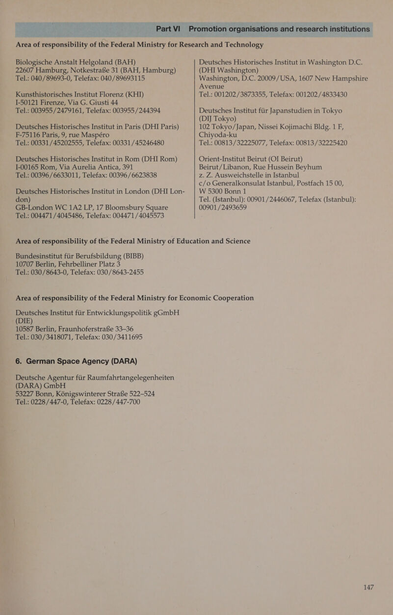 Area of responsibility of the Federal Ministry for Research and Technology Biologische Anstalt Helgoland (BAH) Deutsches Historisches Institut in Washington D.C. 22607 Hamburg, Notkestrafe 31 (BAH, Hamburg) (DHI Washington) Tel.: 040/89693-0, Telefax: 040/89693115 Washington, D.C. 20009/USA, 1607 New Hampshire Avenue Kunsthistorisches Institut Florenz (KHI) Tel.: 001202 /3873355, Telefax: 001202/4833430 I-50121 Firenze, Via G. Giusti 44 Tel.: 003955/2479161, Telefax: 003955 /244394 Deutsches Institut fiir Japanstudien in Tokyo (DIJ Tokyo) Deutsches Historisches Institut in Paris (DHI Paris) 102 Tokyo/Japan, Nissei Kojimachi Bldg. 1 F, F-75116 Paris, 9, rue Maspéro Chiyoda-ku Tel.: 00331 /45202555, Telefax: 00331 /45246480 Tel.: 00813/32225077, Telefax: 00813 /32225420 Deutsches Historisches Institut in Rom (DHI Rom) Orient-Institut Beirut (OI Beirut) 1-00165 Rom, Via Aurelia Antica, 391 Beirut/Libanon, Rue Hussein Beyhum Tel.: 00396/6633011, Telefax: 00396 /6623838 z. Z. Ausweichstelle in Istanbul c/o Generalkonsulat Istanbul, Postfach 15 00, Deutsches Historisches Institut in London (DHI Lon- W 5300 Bonn 1 don) Tel. (Istanbul): 00901 /2446067, Telefax (Istanbul): GB-London WC 1A2 LP, 17 Bloomsbury Square 00901 /2493659 Tel.: 004471 /4045486, Telefax: 004471 /4045573 Area of responsibility of the Federal Ministry of Education and Science Bundesinstitut fiir Berufsbildung (BIBB) 10707 Berlin, Fehrbelliner Platz 3 Tel.: 030/8643-0, Telefax: 030/8643-2455 Area of responsibility of the Federal Ministry for Economic Cooperation Deutsches Institut fiir Entwicklungspolitik gGmbH (DIE) 10587 Berlin, FraunhoferstrafSe 33-36 Tel.: 030/3418071, Telefax: 030/3411695 6. German Space Agency (DARA) Deutsche Agentur fiir Raumfahrtangelegenheiten (DARA) GmbH 53227 Bonn, K6nigswinterer Strafse 522-524 Tel.: 0228/447-0, Telefax: 0228 /447-700