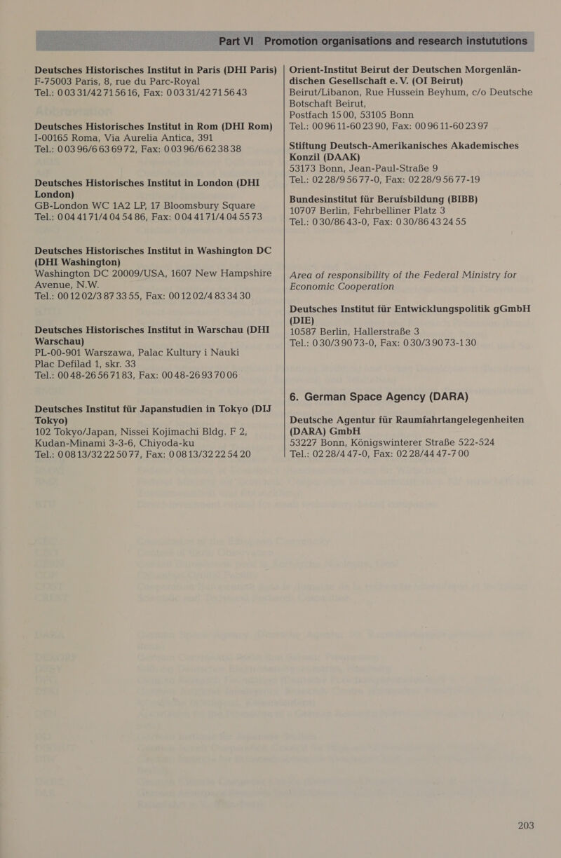 Deutsches Historisches Institut in Paris (DHI Paris) F-75003 Paris, 8, rue du Parc-Royal Tel.: 003 31/42 715616, Fax: 003 31/42 715643 Deutsches Historisches Institut in Rom (DHI Rom) I-00165 Roma, Via Aurelia Antica, 391 Tel.: 003 96/6 63 69 72, Fax: 003 96/6 62 38 38 Deutsches Historisches Institut in London (DHI London) GB-London WC 1A2 LP, 17 Bloomsbury Square Tel.: 004 4171/4 04 54 86, Fax: 004 4171/4045573 Deutsches Historisches Institut in Washington DC (DHI Washington) Washington DC 20009/USA, 1607 New Hampshire Avenue, N.W. Tel.: 00 12 02/3 87 3355, Fax: 0012 02/4 83 34 30 Deutsches Historisches Institut in Warschau (DHI Warschau) PL-00-901 Warszawa, Palac Kultury i Nauki Plac Defilad 1, skr. 33 Tel.: 00 48-26 56 71 83, Fax: 00 48-26 93 70 06 Deutsches Institut fir Japanstudien in Tokyo (DIJ Tokyo) 102 Tokyo/Japan, Nissei Kojimachi Bldg. F 2, Kudan-Minami 3-3-6, Chiyoda-ku Tel.: 008 13/32 225077, Fax: 008 13/32 22 54 20 Orient-Institut Beirut der Deutschen Morgenlan- dischen Gesellschaft e. V. (OI Beirut) Beirut/Libanon, Rue Hussein Beyhum, c/o Deutsche Botschaft Beirut, Postfach 1500, 53105 Bonn Tel.: 00 96 11-60 23 90, Fax: 00 96 11-60 23 97 Stiftung Deutsch-Amerikanisches Akademisches Konzil (DAAK) 53173 Bonn, Jean-Paul-Strafe 9 Tel.: 02 28/9 56 77-0, Fax: 02 28/9 56 77-19 Bundesinstitut fir Beruisbildung (BIBB) 10707 Berlin, Fehrbelliner Platz 3 Tel.: 030/86 43-0, Fax: 030/86 43 24 55 Area of responsibility of the Federal Ministry for Economic Cooperation Deutsches Institut fir Entwicklungspolitik gaGmbH (DIE) 10587 Berlin, HallerstraBe 3 Tel.: 0 30/3 90 73-0, Fax: 0 30/3 90 73-130 6. German Space Agency (DARA) Deutsche Agentur fir Raumfahrtangelegenheiten (DARA) GmbH 53227 Bonn, Konigswinterer Strafe 522-524 Tel.: 02 28/4 47-0, Fax: 02 28/44 47-7 00