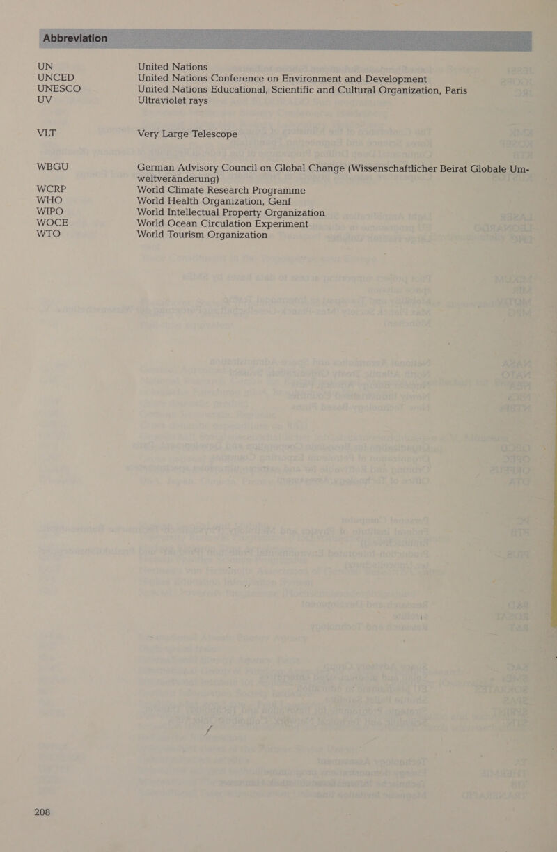  VLT WBGU WCRP WHO WIPO WOCE WTO 208 Very Large Telescope German Advisory Council on Global Change (Wissenschaftlicher Beirat Globale Um- weltveranderung) World Climate Research Programme World Health Organization, Genf World Intellectual Property Organization World Ocean Circulation Experiment World Tourism Organization 