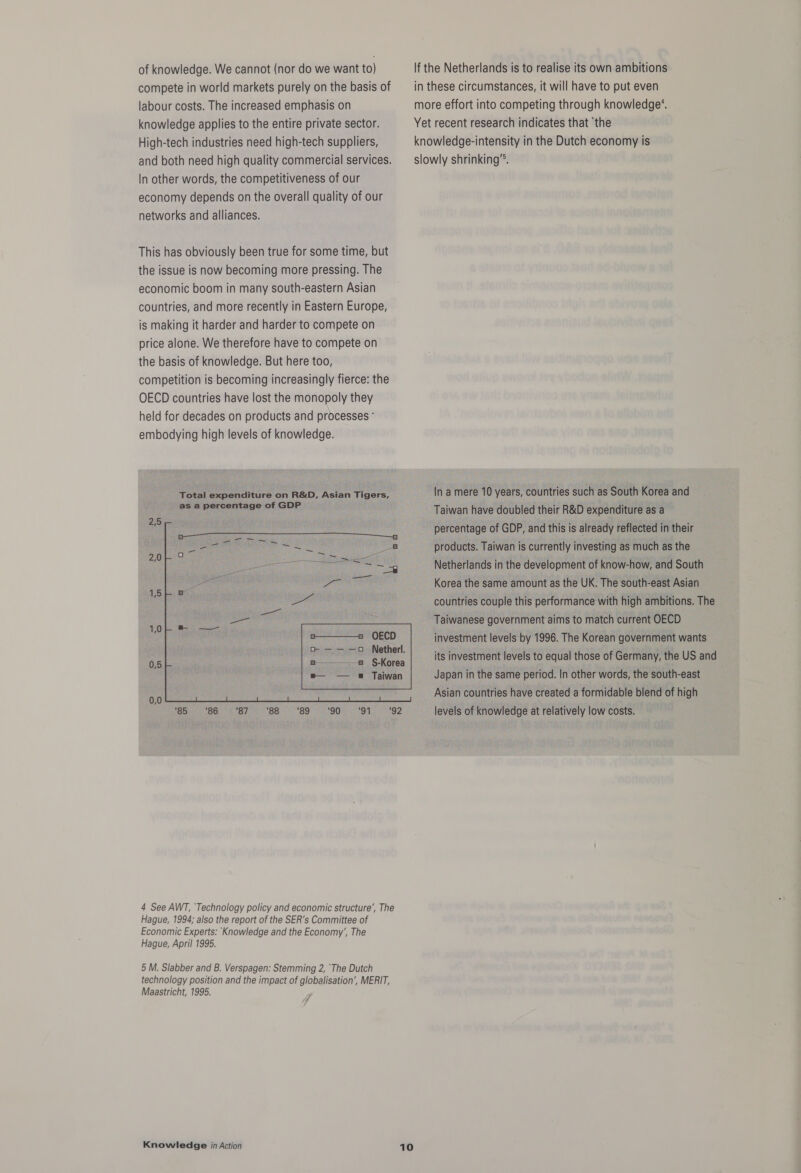 of knowledge. We cannot (nor do we want to) compete in world markets purely on the basis of labour costs. The increased emphasis on knowledge applies to the entire private sector. High-tech industries need high-tech suppliers, and both need high quality commercial services. In other words, the competitiveness of our economy depends on the overall quality of our networks and alliances. This has obviously been true for some time, but the issue is now becoming more pressing. The economic boom in many south-eastern Asian countries, and more recently in Eastern Europe, is making it harder and harder to compete on price alone. We therefore have to compete on the basis of knowledge. But here too, competition is becoming increasingly fierce: the OECD countries have lost the monopoly they held for decades on products and processes ° embodying high levels of knowledge. Total expenditure on R&amp;D, Asian Tigers, as a percentage of GDP a— —a §-Korea — «= Taiwan  f650) 8Oe a -Or 4) ) Bb) Oa) 90% GA 192 4 See AWT, Technology policy and economic structure’, The Hague, 1994; also the report of the SER’s Committee of Economic Experts: Knowledge and the Economy’, The Hague, April 1995. 5 M. Slabber and B. Verspagen: Stemming 2, The Dutch technology position and the impact of globalisation’, MERIT, Maastricht, 1995. 7 f Knowledge in Action 10 lf the Netherlands is to realise its own ambitions in these circumstances, it will have to put even more effort into competing through knowledge’. Yet recent research indicates that ‘the knowledge-intensity in the Dutch economy is slowly shrinking’®. In a mere 10 years, countries such as South Korea and Taiwan have doubled their R&amp;D expenditure as a percentage of GDP, and this is already reflected in their products. Taiwan is currently investing as much as the Netherlands in the development of know-how, and South Korea the same amount.as the UK. The south-east Asian countries couple this performance with high ambitions. The Taiwanese government aims to match current OECD investment levels by 1996. The Korean government wants its investment levels to equal those of Germany, the US and Japan in the same period. In other words, the south-east Asian countries have created a formidable blend of high levels of knowledge at relatively low costs.