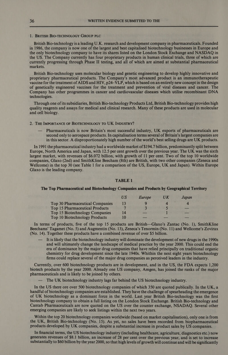 1. BRITISH BIO-TECHNOLOGY GROUP PLC British Bio-technology is a leading U.K. research and development company in pharmaceuticals. Founded in 1986, the company is now one of the largest and best capitalised biotechnology businesses in Europe and the only biotechnology company to have its shares listed on the London Stock Exchange and NASDAQ in the US. The Company currently has four proprietary products in human clinical trials, three of which are currently progressing through Phase II testing, and all of which are aimed at substantial pharmaceutical markets. British Bio-technology uses molecular biology and genetic engineering to develop highly innovative and proprietary pharmaceutical products. The Company’s most advanced product is an immunotherapeutic vaccine for the treatment of AIDS and HIV, p24-VLP, which is based on an entirely new concept in the design of genetically engineered vaccines for the treatment and prevention of viral diseases and cancer. The Company has other programmes in cancer and cardiovascular diseases which utilise recombinant DNA technologies. Through one of its subsidiaries, British Bio-technology Products Ltd, British Bio-technology provides high quality reagents and assays for medical and clinical research. Many of these products are used in molecular and cell biology. 2. THE IMPORTANCE OF BIOTECHNOLOGY TO UK INDUSTRY? — Pharmaceuticals is now Britain’s most successful industry, UK exports of pharmaceuticals are second only to aerospace products. In capitalisation terms several of Britain’s largest companies are in this sector. A disproportionately high number of the world’s best selling drugs are UK products. In 1991 the pharmaceutical industry had a worldwide market of $194.7 billion, predominantly split between Europe, North America and Japan, with 12.5 per cent growth over the previous year. The UK was the sixth largest market, with revenues of $6.072 billion, with growth of 11 per cent. Two of the top 10 worldwide companies, Glaxo (2nd) and SmithKline Beecham (8th) are British, with two other companies (Zeneca and Wellcome) in the top 30 (see Table 1 for a comparison of the US, Europe, UK and Japan). Within Europe Glaxo is the leading company. TABLE 1 The Top Pharmaceutical and Biotechnology Companies and Products by Geographical Territory US Europe UK Japan Top 30 Pharmaceutical Companies 13 9 ath 4 Top 15 Pharmaceutical Products 7 3 5 — Top 15 Biotechnology Companies 14 — 1 — Top 10 Biotechnology Products 10 — — ae In terms of products, five of the top 15 products are British—Glaxo’s Zantac (No. 1), SmithKline Beechams’ Tagamet (No. 5) and Augmentin (No. 13), Zeneca’s Tenormin (No. 11) and Wellcome’s Zovirax (No. 14). Together these products have a combined revenue of over $5 billion. — Itis likely that the biotechnology industry will dominate the development of new drugs in the 1990s and will ultimately change the landscape of medical practice by the year 2000. This could end the era of dominance by the major drug companies that have relied principally on traditional organic chemistry for drug development since the late 1940s. Whithin the next eight years biotechnology firms could replace several of the major drug companies as perceived leaders in the industry. Currently, over 600 biotechnology products are in development, and in the US, the FDA expects 1,200 biotech products by the year 2000. Already one US company, Amgen, has joined the ranks of the major pharmaceuticals and is likely to be joined by others. — The UK biotechnology industry lags far behind the US biotechnology industry. In the US there ore over 500 biotechnology companies of which 350 are quoted publically. In the UK, a handful of biotechnology companies are established. They have the challenge of spearheading the emergence of UK biotechnology as a dominant force in the world. Last year British Bio-technology was the first biotechnology company to obtain a full listing on the London Stock Exchange. British Bio-technology and Cantab Pharmaceuticals are now quoted on the US over the counter exchange, NSADAQ. Several other emerging companies are likely to seek listings within the next two years. Within the top 20 biotechnology companies worldwide (based on market capitalisation), only one is from the UK, British Bio-technology (No. 15). As yet, no sales have been recorded from biopharmaceutical products developed by UK companies, despite a substantial increase in product sales by US companies. In financial terms, the US biotechnology industry (including healthcare, agriculture, diagnostics etc.) now generates revenues of $8.1 billion, an increase of 28 per cent over the previous year, and is set to increase substantially to $60 billion by the year 2000, so that high levels of growth will continue and will be significantly