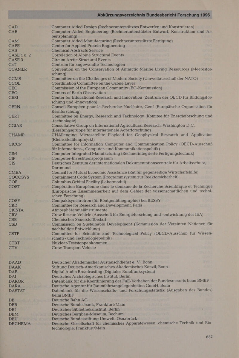 CAD BAER CAM CAPE CAS CASE 1u.2 CASES?” CaT CCAMLR CCMS ECOL BEE: CEO CERI CERN CERT CGIAR CHAMP KIEL CIM CIP CIS CMEA COCOSYS COF cosT COSY CRD CRISTA CRV CSB CSD CSTP CTBT ELY DASTAT DB DBB DBI DBM DBU DECHEMA Abkürzungsverzeichnis Bundesbericht Forschung 1996 Computer Aided Design (Rechnerunterstütztes Entwerfen und Konstruieren) Computer Aided Engineering (Rechnerunterstützter Entwurf, Konstruktion und Ar- beitsplanung) Computer Aided Manufacturing (Rechnerunterstützte Fertigung) Center for Applied Protein Engineering Chemical Abstracts Service Correlation of Alpine Structural Events Circum Arctic Structural Events Centrum für angewandte Technologien Convention on the Conservation of Antarctic Marine Living Ressources (Meeresfor- schung) Committee on the Challenges of Modern Society (Umweltausschuß der NATO) Coordination Committee on the Ozone Layer Commission of the European Community (EG-Kommission) Centers of Earth Observation Center for Educational Research and Innovation (Zentrum der OECD für Bildungsfor- schung und -innovation) Conseil Europ&amp;en pour la Recherche Nucl£&amp;aire, Genf (Europäische Organisation für Kernforschung) Committee on Energy, Research and Technology (Komitee für Energieforschung und -technologie) Consultative Group on International Agricultural Research, Washington D.C. (Beratungsgruppe für internationale Agrarforschung) CHAllenging Microsatellite Playload for Geophysical Research and Application (Kleinsatellitenprojekt) Committee for Information Computer and Communication Policy (OECD-Ausschuß für Informations-, Computer- und Kommunikationspolitik) Computer Integrated Manufacturing (Rechnerintegrierte Fertigungstechnik) Computer-Investitionsprogramm Deutsches Zentrum der internationalen Dokumentationszentrale für Arbeitsschutz, Dortmund Council for Mutual Economic Assistance (Rat für gegenseitige Wirtschaftshilfe) Containment Code System (Programmsystem zur Reaktorsicherheit) Columbus Orbital Facility (Labormodul) Coope&amp;ration Europ&amp;enne dans le domaine de la Recherche Scientifique et Technique (Europäische Zusammenarbeit auf dem Gebiet der wissenschaftlichen und techni- schen Forschung) Compaktsynchrotron (für Röntgenlithographie) bei BESSY Committee for Research and Development, Paris Atmosphärenmeßinstrumente Crew Rescue Vehicle (Ausschuß für Energieforschung und -entwicklung der IEA) Chemischer Sauerstoffbedarf Commission on Sustainable Development (Kommission der Vereinten Nationen für nachhaltige Entwicklung) Committee for Scientific and Technological Policy (OECD-Ausschuß für Wissen- schafts- und Technologiepolitik) Nuklear-Teststoppabkommen Crew Transport Vehicle Deutscher Akademischer Austauschdienst e. V., Bonn Stiftung Deutsch-Amerikanisches Akademisches Konzil, Bonn Digital Audio Broadcasting (Digitales Rundfunksystem) Deutsches Archäologisches Institut, Berlin Datenbank für die Koordinierung der FuE-Vorhaben der Bundesressorts beim BMBF Deutsche Agentur für Raumfahrtangelegenheiten GmbH, Bonn Datenbank für die Wissenschafts- und Forschungsstatistik (Ausgaben des Bundes) beim BMBF Deutsche Bahn AG Deutsche Bundesbank, Frankfurt/Main Deutsches Bibliotheksinstitut, Berlin Deutsches Bergbau-Museum, Bochum Deutsche Bundesstiftung Umwelt, Osnabrück Deutsche Gesellschaft für chemisches Apparatewesen, chemische Technik und Bio- technologie, Frankfurt/Main