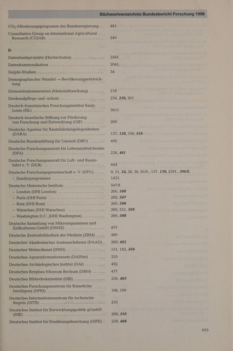 CO,-Minderungsprogramm der Bundesregierung .. Consultative Group on International Agricultural Research (CGIAR) BU LH Ida ae 5 ern ana Bi D Datenbankprojekte (Hochschulen) ............... ee E DeioBielen neun ee sa dee Demographischer Wandel &gt; Bevölkerungsentwick- lung Demonstrationszentren (Materialforschung) ....... DEE EBTI-BEHURZ . 2.2.0420 0 mager une Deutsch-französisches Forschungsinstitut Saint- nn nn en Deutsch-israelische Stiftung zur Förderung von Forschung und Entwicklung (GIF) .......... Deutsche Agentur für Raumfahrtangelegenheiten ee Re RE 2) Deutsche Bundesstiftung für Umwelt (DBU) ....... Deutsche Forschungsanstalt für Lebensmittelchemie (DFA) | a BE Le ROH er u VL Ser vu Val Vor Sur dur Sm VL SL ar Do Ir as Jr 2 uoT SL VOR Du Deutsche Forschungsanstalt für Luft- und Raum- LH a EEE Deutsche Forschungsgemeinschaft e. V. (DFG)..... Bade... einen erkennen Benlsrheilistorischeinstitute .....---:+.-+zunuo.: — London (DHI London) 2 Fe) ARE END ER — Warschau (DHI Warschau) — Washington D.C. (DHI Washington) een eteiinl male ae ae ae ae de Eee Deutsche Sammlung von Mikroorganismen und BEEarabHHDSMZ) ...3..,.2.. 20.002: Deutsche Zentralbibliothek der Medizin (ZBM) .. Deutscher Akademischer Austauschdienst (DAAD) . Deutscher Wetterdienst (DWD) ...........:22.220» Deutsches Agrarinformationsnetz (DAINet) Deutsches Archäologisches Institut (DAI) ......... Deutsches Bergbau-Museum Bochum (DBM) ...... Deutsches Bibliotheksinstitut (DBI) ............... Deutsches Forschungszentrum für Künstliche BERN ea ae anne Deutsches Informationszentrum für technisch Begeln (DIIR) ...........:H 003. ZDABREAU. HAAG Deutsches Institut für Entwicklungspolitik gGmbH LEE ee ER EEE EETTE Deutsches Institut für Ernährungsforschung (DIFE) . 48f. 240 256f. 204f. 34 218 234, 236, 261 361f. 269 157, 158, 356, 516 406 238, 461 444 9, 21, 24, 28, 56, 85ff., 137, 139, 2591., 396LE. 1431. 507ff. 260, 508 260, 507 260, 508 260, 351, 509 260, 508 477 480 269, 402 151, 182, 504 239 492 477 256, 463 196, 199 255 268, 510 239, 468