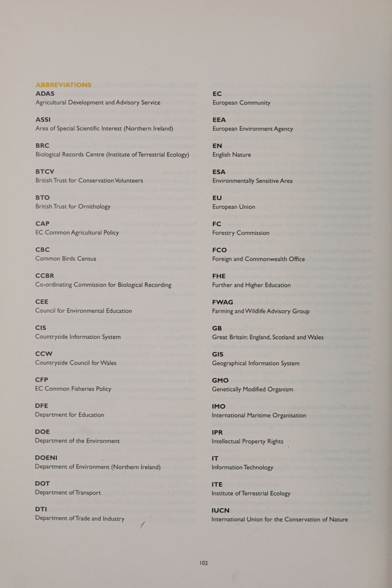 ABBREVIATIONS ADAS Agricultural Development and Advisory Service ASSI Area of Special Scientific Interest (Northern Ireland) BRC Biological Records Centre (Institute of Terrestrial Ecology) BTCV British Trust for Conservation Volunteers BTO British Trust for Ornithology CAP EC Common Agricultural Policy CBC Common Birds Census CCBR Co-ordinating Commission for Biological Recording CEE Council for Environmental Education CIS Countryside Information System CCW Countryside Council for Wales CFP EC Common Fisheries Policy DFE Department for Education DOE Department of the Environment DOENI Department of Environment (Northern Ireland) DOT Department of Transport DTI Department of Trade and Industry 102 EC European Community EEA European Environment Agency EN English Nature ESA Environmentally Sensitive Area EU European Union FC Forestry Commission FCO Foreign and Commonwealth Office FHE Further and Higher Education FWAG Farming and Wildlife Advisory Group GB Great Britain: England, Scotland and Wales GIS Geographical Information System GMO Genetically Modified Organism IMO International Maritime Organisation IPR Intellectual Property Rights IT Information Technology ITE Institute of Terrestrial Ecology IUCN International Union for the Conservation of Nature