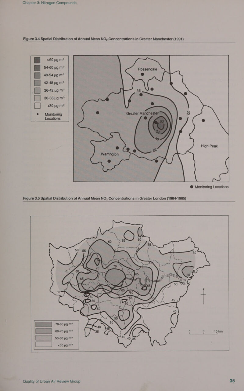   >60 pg mm 54-60 ig m* Rossendale 42-48 wg m?  36-42 ug m°? 30-36 yg m? <30 ug m? Monitoring Greater Manchester ™ Locations   @ Monitoring Locations Figure 3.5 Spatial Distribution of Annual Mean NO, Concentrations in Greater London (1984-1985)     70-80 pg m* [J «60-70 ug ms [J 50-60 pg m2 | [] Song ms   0 5 10 km     