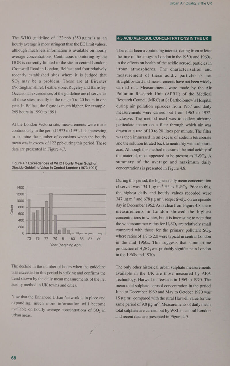 The WHO guideline of 122 ppb (350 ug m®?) as an hourly average is more stringent than the EC limit values, although much less information is available on hourly average concentrations. Continuous monitoring by the DOE is currently limited to the site in central London; Cromwell Road in London, Belfast; and four relatively recently established sites where it is judged that SO, may be a problem. These are at Bircotes (Nottinghamshire), Featherstone, Rugeley and Barnsley. Occasional exceedences of the guideline are observed at all these sites, usually in the range 5 to 20 hours in one year. In Belfast, the figure is much higher, for example, 269 hours in 1990 to 1991. At the London Victoria site, measurements were made continuously in the period 1973 to 1991. It is interesting to examine the number of occasions when the hourly mean was in excess of 122 ppb during this period. These data are presented in Figure 4.7. Figure 4.7 Exceedences of WHO Hourly Mean Sulphur Dioxide Guideline Value in Central London (1973-1991)  1400 1200 | 1000 600 400 200      Count      IS OMS, Ak AO Sl ed Oo Goda OO Year (begining April) The decline in the number of hours when the guideline was exceeded in this period is striking and confirms the trend shown by the daily mean measurements of the net acidity method in UK towns and cities. Now that the Enhanced Urban Network is in place and expanding, much more information will become available on hourly average concentrations of SO, in urban areas. 68 Urban Air Quality in the UK 4.5 ACID AEROSOL CONCENTRATIONS IN THE UK There has been a continuing interest, dating from at least the time of the smogs in London in the 1950s and 1960s, in the effects on health of the acidic aerosol particles in urban atmospheres. The characterisation and measurement of these acidic particles is not straightforward and measurements have not been widely carried out. Measurements were made by the Air Pollution Research Unit (APRU) of the Medical Research Council (MRC) at St Bartholomew’s Hospital during air pollution episodes from 1957 and daily measurements were carried out from 1963 to 1972, inclusive. The method used was to collect airborne particulate matter on a filter through which air was drawn at a rate of 10 to 20 litres per minute. The filter was then immersed in an excess of sodium tetraborate and the solution titrated back to neutrality with sulphuric acid. Although this method measured the total acidity of the material, most appeared to be present as H,SO,. A summary of the average and maximum daily concentrations is presented in Figure 4.8. During this period, the highest daily mean concentration observed was 134.1 ug m=? H* as H5SO,. Prior to this, the highest daily and hourly values recorded were 347 ug m® and 678 ug m°*, respectively, on an episode day in December 1962. As is clear from Figure 4.8, these measurements in London showed the highest concentrations in winter, but it is interesting to note that the winter/summer ratios for H,SO, are relatively small compared with those for the primary pollutant SO,, where ratios of 1.8 to 2.0 were typical in central London in the mid 1960s. This suggests that summertime production of H,SO, was probably significant in London in the 1960s and 1970s. The only other historical urban sulphate measurements available in the UK are those measured by AEA Technology, Harwell in Teesside in 1969 to 1970. The mean total sulphate aerosol concentration in the period June to December 1969 and May to October 1970 was 15 ug m? compared with the rural Harwell value for the same period of 9.8 ug m?. Measurements of daily mean total sulphate are carried out by WSL in central London and recent data are presented in Figure 4.9.