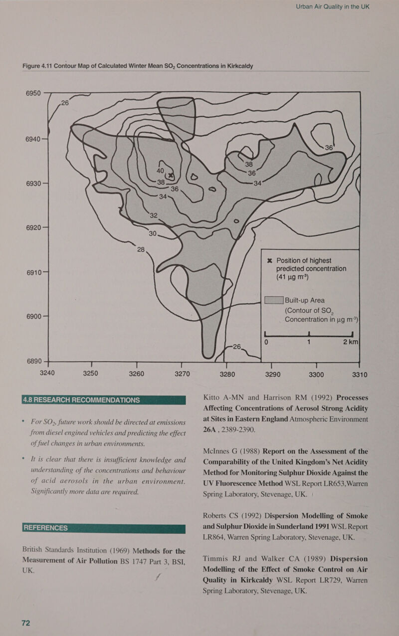  6950 6930 6920 6890 3240 3250 3260 3270 4.8 RESEARCH RECOMMENDATIONS * For SO), future work should be directed at emissions from diesel engined vehicles and predicting the effect of fuel changes in urban environments. * It is clear that there is insufficient knowledge and understanding of the concentrations and behaviour of acid aerosols in the urban environment. Significantly more data are required. British Standards Institution (1969) Methods for the Measurement of Air Pollution BS 1747 Part 3, BSI, UK. ff 72  X% Position of highest predicted concentration (41 pg m*) Ves Ce 1 2km 3280 3290 3300 3310 Kitto A-MN and Harrison RM (1992) Processes Affecting Concentrations of Aerosol Strong Acidity at Sites in Eastern England Atmospheric Environment 26A , 2389-2390. McInnes G (1988) Report on the Assessment of the Comparability of the United Kingdom’s Net Acidity Method for Monitoring Sulphur Dioxide Against the UV Fluorescence Method WSL Report LR653, Warren Spring Laboratory, Stevenage, UK. | Roberts CS (1992) Dispersion Modelling of Smoke and Sulphur Dioxide in Sunderland 1991 WSL Report LR864, Warren Spring Laboratory, Stevenage, UK. Timmis RJ and Walker CA (1989) Dispersion Modelling of the Effect of Smoke Control on Air Quality in Kirkcaldy WSL Report LR729, Warren Spring Laboratory, Stevenage, UK.