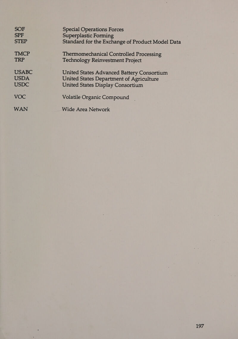 SOF SPF TMCP USABC USDA USDC VOC WAN Special Operations Forces Superplastic Forming Standard for the Exchange of Product Model Data Thermomechanical Controlled Processing Technology Reinvestment Project United States Advanced Battery Consortium United States Department of Agriculture United States Display Consortium Volatile Organic Compound Wide Area Network