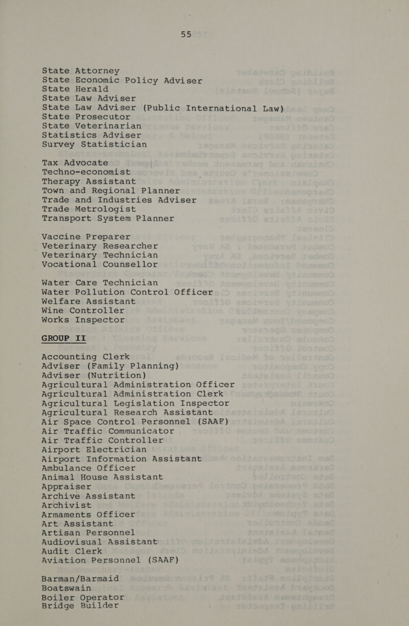 State Attorney State Economic Policy Adviser State Herald State Law Adviser State Law Adviser (Public International Law) State Prosecutor . State Veterinarian Statistics Adviser Survey Statistician Tax Advocate Techno-economist Therapy Assistant Town and Regional Planner Trade and Industries Adviser Trade Metrologist Transport System Planner Vaccine Preparer Veterinary Researcher Veterinary Technician Vocational Counsellor Water Care Technician Water Pollution Control Officer Welfare Assistant Wine Controller Works Inspector GROUP II Accounting Clerk Adviser (Family Planning) Adviser (Nutrition) Agricultural Administration Officer Agricultural Administration Clerk Agricultural Legislation Inspector Agricultural Research Assistant Air Space Control Personnel (SAAF) Air Traffic Communicator Air Traffic Controller Airport Electrician Airport Information Assistant Ambulance Officer Animal House Assistant Appraiser Archive Assistant Archivist Armaments Officer Art Assistant Artisan Personnel Audiovisual Assistant Audit Clerk Aviation Personnel (SAAF) Barman/Barmaid Boatswain Boiler Operator Bridge Builder