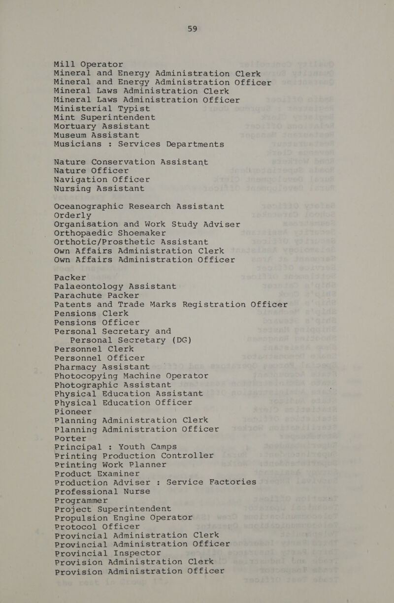 a) Mill Operator Mineral and Energy Administration Clerk Mineral and Energy Administration Officer Mineral Laws Administration Clerk Mineral Laws Administration Officer Ministerial Typist Mint Superintendent Mortuary Assistant Museum Assistant Musicians : Services Departments Nature Conservation Assistant Nature Officer Navigation Officer Nursing Assistant Oceanographic Research Assistant Orderly Organisation and Work Study Adviser Orthopaedic Shoemaker Orthotic/Prosthetic Assistant Own Affairs Administration Clerk Own Affairs Administration Officer Packer Palaeontology Assistant Parachute Packer Patents and Trade Marks Registration Officer Pensions Clerk Pensions Officer Personal Secretary and Personal Secretary (DG) Personnel Clerk Personnel Officer Pharmacy Assistant Photocopying Machine Operator Photographic Assistant Physical Education Assistant Physical Education Officer Pioneer Planning Administration Clerk Planning Administration Officer Porter Principal : Youth Camps Printing Production Controller Printing Work Planner Product Examiner Production Adviser : Service Factories Professional Nurse Programmer Project Superintendent Propulsion Engine Operator Protocol Officer Provincial Administration Clerk Provincial Administration Officer Provincial Inspector Provision Administration Clerk Provision Administration Officer