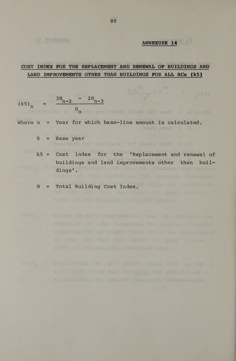 ANNEXURE 14 COST INDEX FOR THE REPLACEMENT AND RENEWAL OF BUILDINGS AND LAND IMPROVEMENTS OTHER THAN BUILDINGS FOR ALL SCs (k5) 3H - 2H (k5)_ nd n-2 S H O Where n = Year for which base-line amount is calculated. 0 = Base year k5 = Cost index for the ‘Replacement and renewal of buildings and land improvements other than buil- dings'. H = Total Building Cost Index.