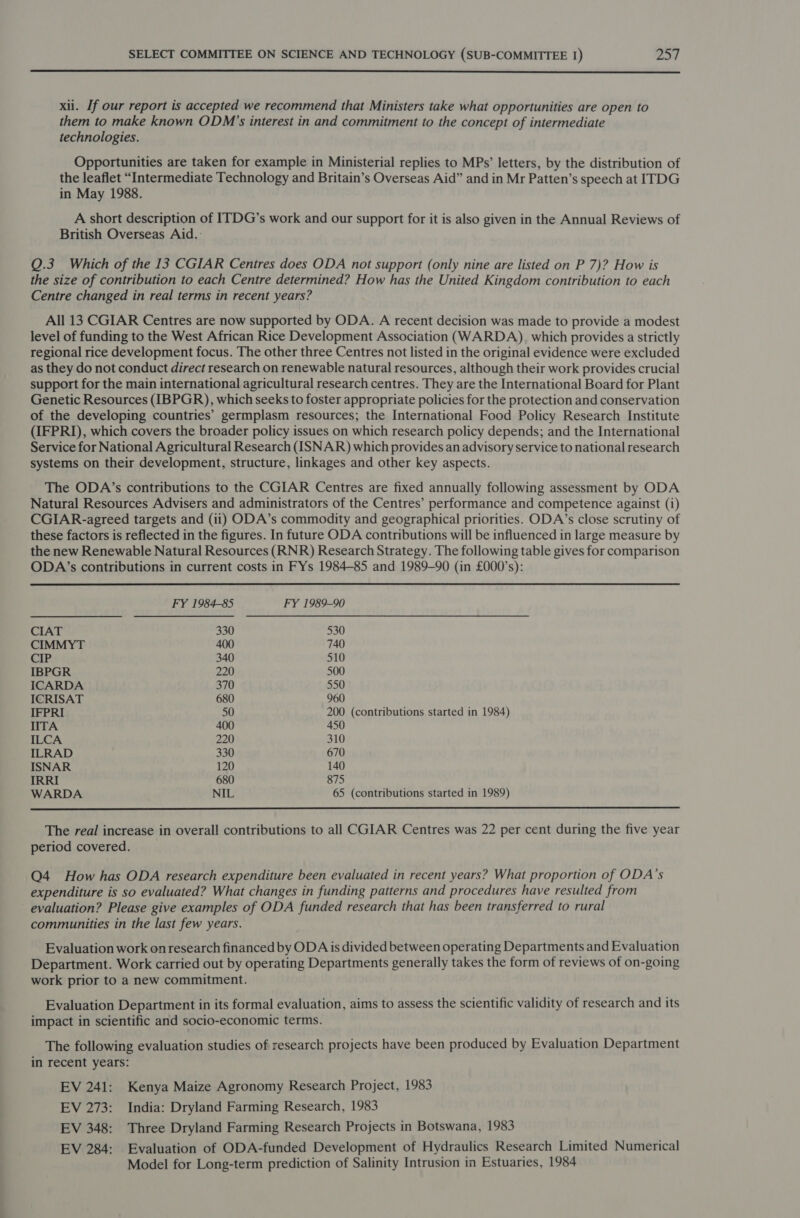  xii. If our report is accepted we recommend that Ministers take what opportunities are open to them to make known ODM's interest in and commitment to the concept of intermediate technologies. Opportunities are taken for example in Ministerial replies to MPs’ letters, by the distribution of the leaflet “Intermediate Technology and Britain’s Overseas Aid” and in Mr Patten’s speech at ITDG in May 1988. A short description of ITDG’s work and our support for it is also given in the Annual Reviews of British Overseas Aid.: Q.3 Which of the 13 CGIAR Centres does ODA not support (only nine are listed on P 7)? How is the size of contribution to each Centre determined? How has the United Kingdom contribution to each Centre changed in real terms in recent years? All 13 CGIAR Centres are now supported by ODA. A recent decision was made to provide a modest level of funding to the West African Rice Development Association (WARDA), which provides a strictly regional rice development focus. The other three Centres not listed in the original evidence were excluded as they do not conduct direct research on renewable natural resources, although their work provides crucial support for the main international agricultural research centres. They are the International Board for Plant Genetic Resources (IBPGR), which seeks to foster appropriate policies for the protection and conservation of the developing countries’ germplasm resources; the International Food Policy Research Institute (IFPRI), which covers the broader policy issues on which research policy depends; and the International Service for National Agricultural Research (ISNAR) which provides an advisory service to national research systems on their development, structure, linkages and other key aspects. The ODA’s contributions to the CGIAR Centres are fixed annually following assessment by ODA Natural Resources Advisers and administrators of the Centres’ performance and competence against (i) CGIAR-agreed targets and (ii) ODA’s commodity and geographical priorities. ODA’s close scrutiny of these factors is reflected in the figures. In future ODA contributions will be influenced in large measure by the new Renewable Natural Resources (RNR) Research Strategy. The following table gives for comparison ODA’s contributions in current costs in FYs 1984-85 and 1989-90 (in £000’s): FY 1984-85 FY 1989-90 CIAT 330 530 CIMMYT 400 740 CIP 340 510 IBPGR 220 500 ICARDA 370 550 ICRISAT 680 960 IFPRI 50 200 (contributions started in 1984) IITA 400 450 ILCA 220 310 ILRAD 330 670 ISNAR 120 140 IRRI 680 875 WARDA NIL 65 (contributions started in 1989)  The real increase in overall contributions to all CGIAR Centres was 22 per cent during the five year period covered. Q4 How has ODA research expenditure been evaluated in recent years? What proportion of ODA’s expenditure is so evaluated? What changes in funding patterns and procedures have resulted from evaluation? Please give examples of ODA funded research that has been transferred to rural communities in the last few years. Evaluation work on research financed by ODA is divided between operating Departments and Evaluation Department. Work carried out by operating Departments generally takes the form of reviews of on-going work prior to a new commitment. Evaluation Department in its formal evaluation, aims to assess the scientific validity of research and its impact in scientific and socio-economic terms. The following evaluation studies of research projects have been produced by Evaluation Department in recent years: EV 241: Kenya Maize Agronomy Research Project, 1983 EV 273: India: Dryland Farming Research, 1983 EV 348: Three Dryland Farming Research Projects in Botswana, 1983 EV 284: Evaluation of ODA-funded Development of Hydraulics Research Limited Numerical Model for Long-term prediction of Salinity Intrusion in Estuaries, 1984