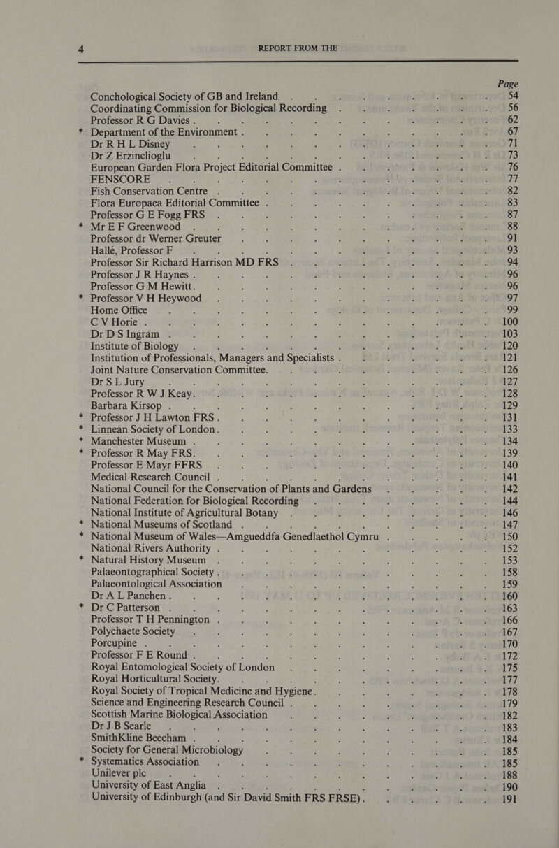  +e &amp; &amp; Conchological Society of GB and Ireland Coordinating Commission for Bole Recording Professor R G Davies . / . : Department of the Environment . Dr R H L Disney Dr Z Erzinclioglu : , European Garden Flora Project Editorial Committee ; FENSCORE Fish Conservation Centre : Flora Europaea Editorial Committee . Professor G E Fogg FRS Mr E F Greenwood ; Professor dr Werner Greuter Hallé, Professor F Professor Sir Richard Harrison MD FRS Professor J R Haynes . Professor G M Hewitt. Professor V H ae Home Office Grv Horie’ 2 Dr DS Ingram Institute of Biology Institution of Professionals, Managers and Specialists . Joint Nature Conservation Committee. Dr S L Jury . Professor R W J Keay. Barbara Kirsop . Professor J H Lawton FRS. Linnean Society of London. Manchester Museum . Professor R May FRS. Professor E Mayr FFRS Medical Research Council . National Council for the Conservation of Plants and Gardens National Federation for Biological Recording National Institute of Agricultural Botany National Museums of Scotland National Rivers Authority . Natural History Museum Palaeontographical Society . Palaeontological Association Dr A L Panchen . Dr C Patterson . : 2 Professor TH Pennington . Polychaete Society Porcupine . Professor F E Round . ; Royal Entomological Society of London Royal Horticultural Society. , Royal Society of Tropical Medicine and Hygiene. Science and Engineering Research Council . Scottish Marine Biological Association Dr J B Searle : SmithKline Beecham . Society for General Microbiology Systematics Association Unilever plc University of East Anglia : University of Edinburgh (and Sir David Smith FRS FRSE).