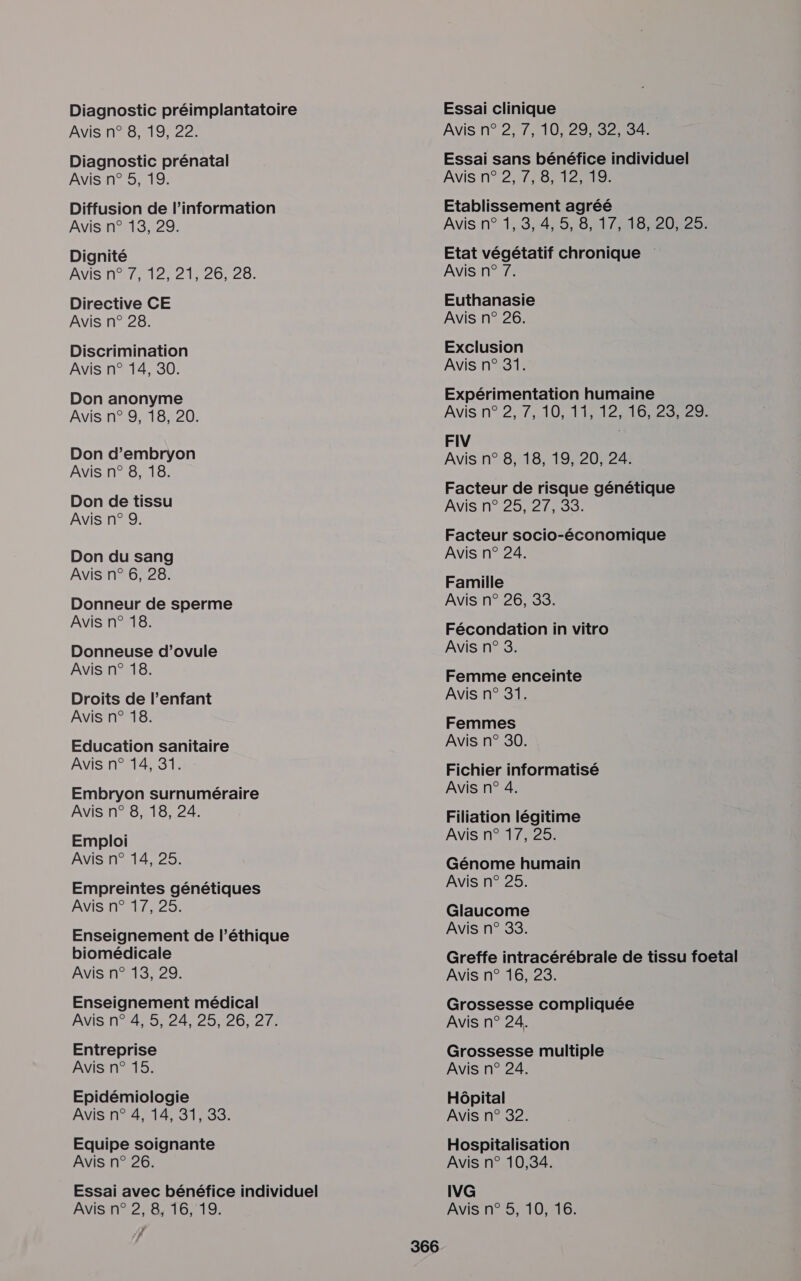 Diagnostic préimplantatoire Avis n° 8, 19, 22. Diagnostic prénatal Avis n° 5, 19. Diffusion de l'information Avis n° 13, 29. Dignité AVIS N 701221026726; Directive CE Avis n° 28. Discrimination Avis n° 14, 30. Don anonyme Avis n° 9, 18, 20. Don d’embryon Avis n° 8, 18. Don de tissu Avis n° 9. Don du sang Avis n° 6, 28. Donneur de sperme Avis n° 18. Donneuse d’ovule Avis n° 18. Droits de l'enfant Avis n° 18. Education sanitaire Avis n° 14, 31. Embryon surnuméraire Avis n° 8, 18, 24. Emploi Avis n° 14, 25. Empreintes génétiques Avis n° 17, 25. Enseignement de l’éthique biomédicale Avis n° 13, 29. Enseignement médical Avis n° 4, 5, 24, 25, 26, 27. Entreprise Avis n° 15. Epidémiologie Avis n° 4, 14, 31, 35. Equipe soignante Avis n° 26. Essai avec bénéfice individuel Avis n° 2, 8, 16, 19. f Essai clinique Avis n° 2, 7, 10, 29, 32, 34. Essai sans bénéfice individuel Avis n° 2, 7, 8, 12, 19. Etablissement agréé Avis n° 1,3, 4:56 641448220020 Etat végétatif chronique Avis n° 7. Euthanasie Avis n° 26. Exclusion Avis n° 31. Expérimentation humaine Avis n° 2, 7,10, 114121028820: FIV Avis n° 8, 18, 19, 20, 24. Facteur de risque génétique Avis n° 25,271, 33. Facteur socio-économique Avis n° 24. Famille Avis n° 26, 33. Fécondation in vitro Avis n° 8. Femme enceinte Avis n° 31. Femmes Avis n° 30. Fichier informatisé Avis n° 4. Filiation légitime Avis n° 17, 25. Génome humain Avis n° 25. Glaucome Avis n° 38. Greffe intracérébrale de tissu foetal Avis n° 16, 28. Grossesse compliquée Avis n° 24. Grossesse multiple Avis n° 24. Hôpital Avis n° 32. Hospitalisation Avis n° 10,34. IVG Avis n° 5, 10, 16.