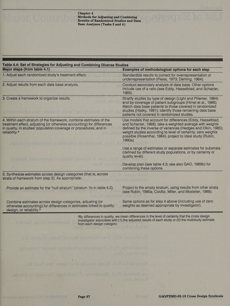  Chapter 4  Major steps (from table 4.1) 1. Adjust each randomized study's treatment effect. 2. Adjust results from each data base analysis. 3. Create a framework to organize results. 4. Within each stratum of the framework, combine estimates of the treatment effect, adjusting (or otherwise accounting) for differences in quality, in studies’ population coverage or procedures, and in reliability.@ Examples of methodological options for each step Standardize results to correct for overrepresentation or underrepresentation (Fleiss, 1973; Deming, 1964). Conduct secondary analysis of data base. Other options include use of a ratio (see Eddy, Hasselblad, and Schacter, 1989). Stratify studies by type of design (Light and Pillemer, 1984) and by coverage of patient subgroups (Himel et al., 1986). Match data base patients to those covered in randomized studies (Hlatky, 1991); identify those remaining data base patients not covered in randomized studies. Use models that account for differences (Eddy, Hasselblad, and Schacter, 1989); take a weighted average with weights defined by the inverse of variances (Hedges and Olkin, 1985); weight studies according to level of certainty; zero weights possible (Rosenthal, 1984); project to ideal study (Rubin, 1990a). Use a range of estimates or separate estimates for substrata (defined by different study populations, or by certainty or quality level). Develop plan (see table 4.3; see also GAO, 1989b) for combining these options.  5. Synthesize estimates across design categories (that is, across strata of framework from step 3). As appropriate: Provide an estimate for the “null stratum” (stratum 1b in table 4.2). Combine estimates across design categories, adjusting (or otherwise accounting) for differences in estimates linked to quality design, or reliability.* Project to the empty stratum, using results from other strata (see Rubin, 1990a; Colditz, Miller, and Mosteller, 1988). Same options as for step 4 above (including use of zero weights as deemed appropriate by investigator).