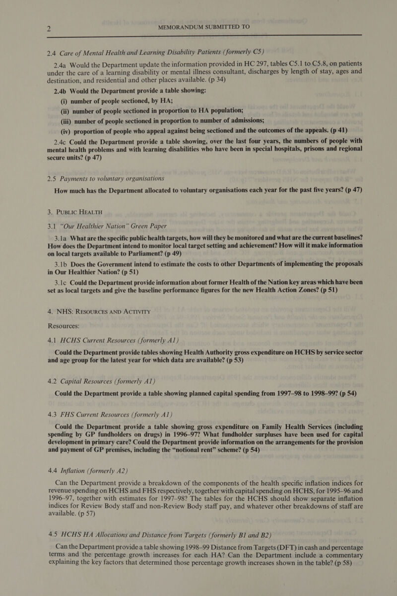 ———————————————————————— 2.4 Care of Mental Health and Learning Disability Patients ( (formerly C5) 2.4a Would the Department update the information provided in HC 297, tables C5.1 to C5.8, on patients under the care of a learning disability or mental illness consultant, discharges by length of stay, ages and destination, and residential and other places available. (p 34) 2.4b Would the Department provide a table showing: (i) number of people sectioned, by HA; (ii) number of people sectioned in proportion to HA population; (iii) number of people sectioned in proportion to number of admissions; (iv) proportion of people who appeal against being sectioned and the outcomes of the appeals. (p 41) 2.4c Could the Department provide a table showing, over the last four years, the numbers of people with mental health problems and with learning disabilities who have been in special hospitals, prisons and regional secure units? (p 47) 2.5 Payments to voluntary organisations How much has the Department allocated to voluntary organisations each year for the past five years? (p 47) 3. PUBLIC HEALTH 3.1 “Our Healthier Nation” Green Paper 3.1a What are the specific public health targets, how will they be monitored and what are the current baselines? How does the Department intend to monitor local target setting and achievement? How will it make information on local targets available to Parliament? (p 49) 3.1b Does the Government intend to estimate the costs to other Departments of implementing the proposals in Our Healthier Nation? (p 51) 3.1c Could the Department provide information about former Health of the Nation key areas which have been set as local targets and give the baseline performance figures for the new Health Action Zones? (p 51) 4. NHS: RESOURCES AND ACTIVITY Resources: 4.1 HCHS Current Resources (formerly Al) Could the Department provide tables showing Health Authority gross expenditure on HCHS by service sector and age group for the latest year for which data are available? (p 53) 4.2 Capital Resources (formerly A1) Could the Department provide a table showing planned capital spending from 1997-98 to 1998-99? (p 54) 4.3 FHS Current Resources (formerly A1) Could the Department provide a table showing gross expenditure on Family Health Services (including spending by GP fundholders on drugs) in 1996-97? What fundholder surpluses have been used for capital development in primary care? Could the Department provide information on the arrangements for the provision and payment of GP premises, including the “notional rent” scheme? (p 54) 4.4 Inflation (formerly A2) Can the Department provide a breakdown of the components of the health specific inflation indices for revenue spending on HCHS and FHS respectively, together with capital spending on HCHS, for 1995-96 and 1996-97, together with estimates for 1997-98? The tables for the HCHS should show separate inflation indices for Review Body staff and non-Review Body staff pay, and whatever other breakdowns of staff are available. (p 57) 4.5 HCHS HA Allocations and Distance from Targets (formerly B1 and B2) Can the Department provide a table showing 1998-99 Distance from Targets (DFT) in cash and percentage terms and the percentage growth increases for each HA? Can the Department include a commentary explaining the key factors that determined those percentage growth increases shown in the table? (p 58)