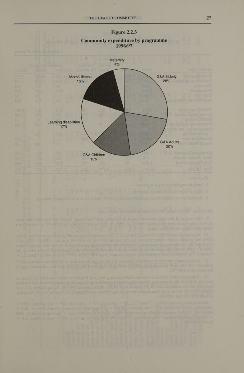  Figure 2.2.3 Community expenditure by programme 1996/97       G&amp;A Elderly 28% Mental illness 16% Learning disabilities 17%  G&amp;A Adults 20% G&amp;A Children 15%