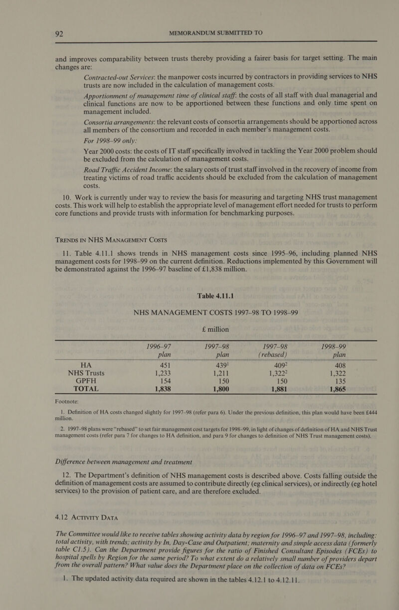 and improves comparability between trusts thereby providing a fairer basis for target setting. The main changes are: Contracted-out Services: the manpower costs incurred by contractors in providing services to NHS trusts are now included in the calculation of management costs. Apportionment of management time of clinical staff: the costs of all staff with dual managerial and clinical functions are now to be apportioned between these functions and only time spent on management included. Consortia arrangements: the relevant costs of consortia arrangements should be apportioned across all members of the consortium and recorded in each member’s management costs. For 1998-99 only: Year 2000 costs: the costs of IT staff specifically involved in tackling the Year 2000 problem should be excluded from the calculation of management costs. Road Traffic Accident Income: the salary costs of trust staff involved in the recovery of income from treating victims of road traffic accidents should be excluded from the calculation of management costs. 10. Work is currently under way to review the basis for measuring and targeting NHS trust management costs. This work will help to establish the appropriate level of management effort needed for trusts to perform core functions and provide trusts with information for benchmarking purposes. TRENDS IN NHS MANAGEMENT CosTs 11. Table 4.11.1 shows trends in NHS management costs since 1995-96, including planned NHS management costs for 1998-99 on the current definition. Reductions implemented by this Government will be demonstrated against the 1996-97 baseline of £1,838 million. Table 4.11.1 NHS MANAGEMENT COSTS 1997-98 TO 1998-99    £ million 1996-97 1997-98 1997-98 1998-99 plan plan (rebased) plan HA 451 439! 409° 408 NHS Trusts 1,233 120) 13322 1,322 GPFH 154 150 150 135 TOTAL 1,838 1,800 1,881 1,865  Footnote: 1. Definition of HA costs changed slightly for 1997-98 (refer para 6). Under the previous definition, this plan would have been £444 million. 2. 1997-98 plans were “rebased” to set fair management cost targets for 1998-99, in light of changes of definition of HA and NHS Trust management costs (refer para 7 for changes to HA definition, and para 9 for changes to definition of NHS Trust management costs). Difference between management and treatment 12. The Department’s definition of NHS management costs is described above. Costs falling outside the definition of management costs are assumed to contribute directly (eg clinical services), or indirectly (eg hotel services) to the provision of patient care, and are therefore excluded. 4.12 Activity DATA The Committee would like to receive tables showing activity data by region for 1996-97 and 1997-98, including: total activity, with trends; activity by In, Day-Case and Outpatient; maternity and simple access data (formerly table C1.5). Can the Department provide figures for the ratio of Finished Consultant Episodes (FCEs) to hospital spells by Region for the same period? To what extent do a relatively small number of providers depart from the overall pattern? What value does the Department place on the collection of data on FCEs? 1. The updated activity data required are shown in the tables 4.12.1 to 4.12.11.