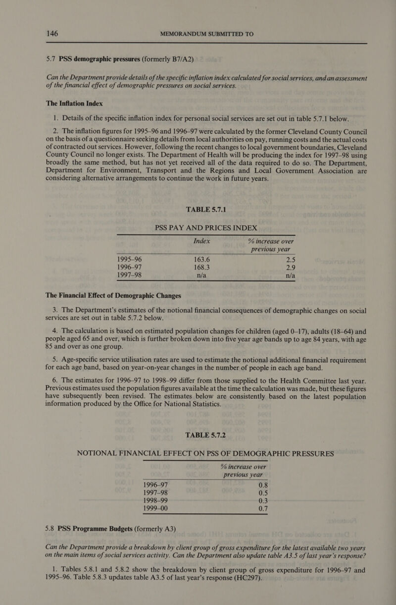  5.7 PSS demographic pressures (formerly B7/A2) Can the Department provide details of the specific inflation index calculated for social services, and an assessment of the financial effect of demographic pressures on social services. The Inflation Index 1. Details of the specific inflation index for personal social services are set out in table 5.7.1 below. 2. The inflation figures for 1995-96 and 1996-97 were calculated by the former Cleveland County Council on the basis of a questionnaire seeking details from local authorities on pay, running costs and the actual costs of contracted out services. However, following the recent changes to local government boundaries, Cleveland County Council no longer exists. The Department of Health will be producing the index for 1997-98 using broadly the same method, but has not yet received all of the data required to do so. The Department, Department for Environment, Transport and the Regions and Local Government Association are considering alternative arrangements to continue the work in future years.   TABLE 5.7.1 PSS PAY AND PRICES INDEX Index % increase over previous year 1995-96 163.6 25 1996-97 168.3 2.9 1997-98 n/a n/a The Financial Effect of Demographic Changes 3. The Department’s estimates of the notional financial consequences of demographic changes on social services are set out in table 5.7.2 below. 4. The calculation is based on estimated population changes for children (aged 0-17), adults (18-64) and people aged 65 and over, which is further broken down into five year age bands up to age 84 years, with age 85 and over as one group. 5. Age-specific service utilisation rates are used to estimate the notional additional financial requirement for each age band, based on year-on-year changes in the number of people in each age band. 6. The estimates for 1996-97 to 1998-99 differ from those supplied to the Health Committee last year. Previous estimates used the population figures available at the time the calculation was made, but these figures have subsequently been revised. The estimates below are consistently based on the latest population information produced by the Office for National Statistics. TABLE 5.7.2 NOTIONAL FINANCIAL EFFECT ON PSS OF DEMOGRAPHIC PRESSURES % increase over previous year 1996-97 0.8 1997-98 0.5 1998-99 0.3 1999-00 0.7 5.8 PSS Programme Budgets (formerly A3) Can the Department provide a breakdown by client group of gross expenditure for the latest available two years on the main items of social services activity. Can the Department also update table A3.5 of last year’s response? 1. Tables 5.8.1 and 5.8.2 show the breakdown by client group of gross expenditure for 1996-97 and 1995-96. Table 5.8.3 updates table A3.5 of last year’s response (HC297).