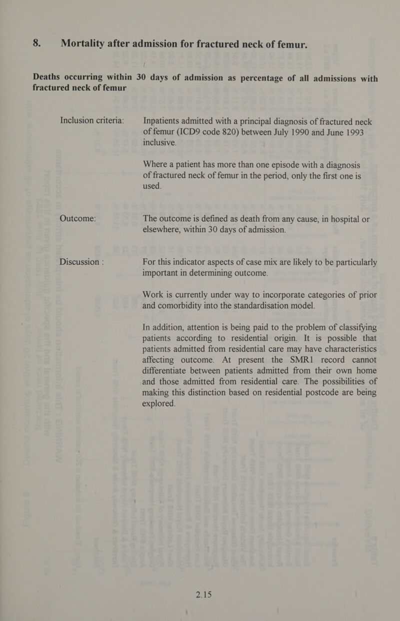 Outcome: Discussion : of femur (ICD9 code 820) between July 1990 and June 1993 inclusive. Where a patient has more than one episode with a diagnosis of fractured neck of femur in the period, only the first one is used. The outcome is defined as death from any cause, in hospital or elsewhere, within 30 days of admission. For this indicator aspects of case mix are likely to be particularly important in determining outcome. Work is currently under way to incorporate categories of prior and comorbidity into the standardisation model. In addition, attention is being paid to the problem of classifying patients according to residential origin. It is possible that patients admitted from residential care may have characteristics affecting outcome. At present the SMRI record cannot differentiate between patients admitted from their own home and those admitted from residential care. The possibilities of making this distinction based on residential postcode are being explored. f AD he