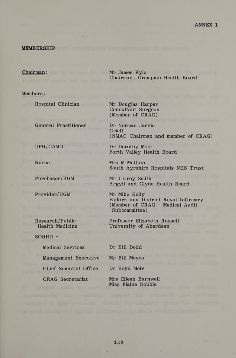 MEMBERSHIP Chairman: Members: Hospital Clinician General Practitioner DPH/CAMO Nurse Purchaser/BGM Provider/UGM Research/ Public Health Medicine SOHHD - Medical Services Management Executive Chief Scientist Office CRAG Secretariat ANNEX 1 Mr James Kyle Chairman, Grampian Health Board Mr Douglas Harper Consultant Surgeon (Member of CRAG) Dr Norman Jarvie Crieff (NMAC Chairman and member of CRAG) Dr Dorothy Moir Forth Valley Health Board Mrs M McGinn South Ayrshire Hospitals NHS Trust Mr I Croy Smith Argyll and Clyde Health Board Mr Mike Kelly Falkirk and District Royal Infirmary (Member of CRAG - Medical Audit Subcommittee) Professor Elizabeth Russell University of Aberdeen Dr Bill Dodd Mr Bill Moyes Dr Boyd Moir Mrs Eileen Barnwell Miss Elaine Dobbie 3.10