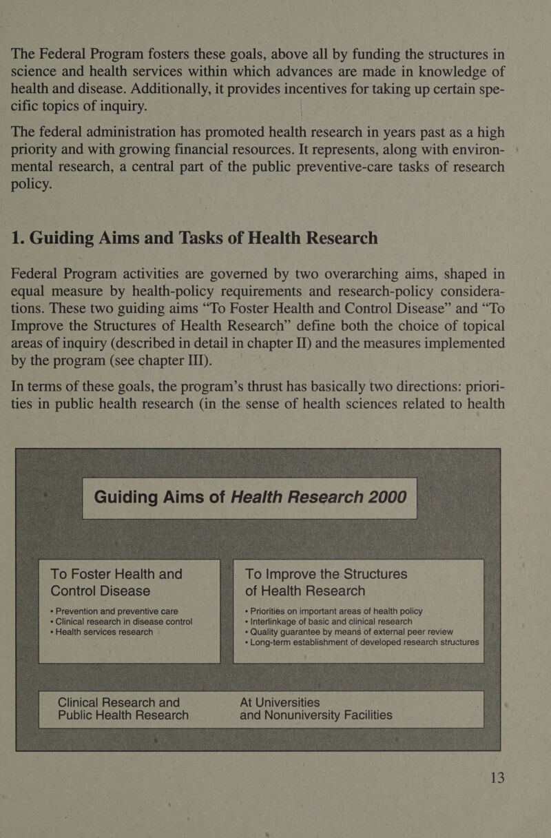 The Federal Program fosters these goals, above all by funding the structures in science and health services within which advances are made in knowledge of health and disease. Additionally, it provides incentives for taking up certain spe- cific topics of inquiry. \ The federal administration has promoted health research in years past as a high priority and with growing financial resources. It represents, along with environ- mental research, a central part of the public preventive-care tasks of research policy. | 1. Guiding Aims and Tasks of Health Research Federal Program activities are governed by two overarching aims, shaped in equal measure by health-policy requirements and research-policy considera- tions. These two guiding aims “To Foster Health and Control Disease” and ““To Improve the Structures of Health Research” define both the choice of topical areas of inquiry (described in detail in chapter II) and the measures implemented by the program (see chapter III). In terms of these goals, the program’s thrust has basically two directions: priori- ties in public health research (in the sense of health sciences related to health To Foster Health and To Improve the Structures Control Disease of Health Research ¢ Prevention and preventive care ¢ Priorities on important areas of health policy * Clinical research in disease control ¢ Interlinkage of basic and clinical research * Health services research * Quality guarantee by means of external peer review * Long-term establishment of developed research structures Clinical Research and At Universities Public Health Research and Nonuniversity Facilities 