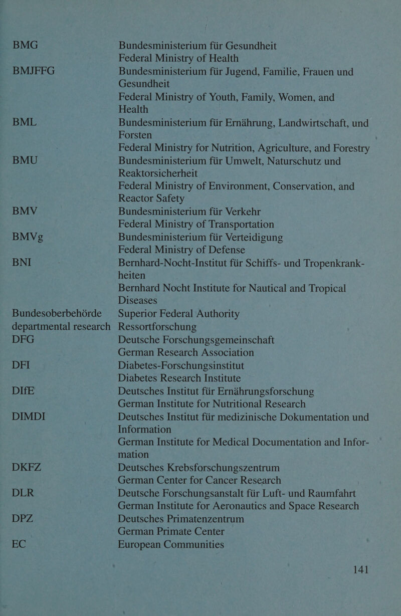 BMG ~BMJFFG BML BMU BMV BMVg BNI Bundesoberbehoérde departmental research DFG DFI DIfE DIMDI DKFZ DLR DPZ EC Bundesministerium fiir Gesundheit Federal Ministry of Health Bundesministerium fiir Jugend, Familie, Frauen und Gesundheit Federal Ministry of Youth, Family, Women, and Health Bundesministerium fiir Ermdahrung, Landwirtschaft, und Forsten | Federal Ministry for Nutrition, Agriculture, and Forestry Bundesministerium fiir Umwelt, N aturschutz und Reaktorsicherheit Federal Ministry of Environment, Conservation, and Reactor Safety Bundesministerium fiir Weicohr Federal Ministry of Transportation Bundesministerium fiir Verteidigung Federal Ministry of Defense Bernhard-Nocht-Institut fiir Schiffs- und Tropenkrank- heiten Bernhard Nocht Institute for Nautical and Tropical Diseases Superior Federal Authority Ressortforschung Deutsche Forschungsgemeinschaft German Research Association Diabetes-Forschungsinstitut Diabetes Research Institute Deutsches Institut fiir Ernahrungsforschung German Institute for Nutritional Research Deutsches Institut fiir medizinische Dokumentation und Information German Institute for Medical Documentation and Infor- mation Deutsches Krebsforschungszentrum German Center for Cancer Research Deutsche Forschungsanstalt fiir Luft- und Raumfahrt German Institute for Aeronautics and Space Research Deutsches Primatenzentrum German Primate Center European Communities 14]