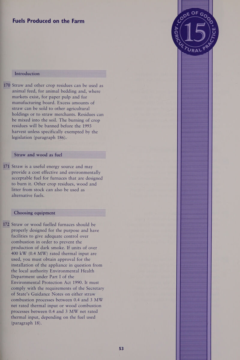 Fuels Produced on the Farm   170 Straw and other crop residues can be used as animal feed, for animal bedding and, where markets exist, for paper pulp and for manufacturing board. Excess amounts of straw can be sold to other agricultural holdings or to straw merchants. Residues can be mixed into the soil. The burning of crop residues will be banned before the 1993 harvest unless specifically exempted by the legislation (paragraph 186).            471 Straw is a useful energy source and may provide a cost effective and environmentally acceptable fuel for furnaces that are designed to burn it. Other crop residues, wood and litter from stock can also be used as alternative fuels.           Straw or wood fuelled furnaces should be properly designed for the purpose and have facilities to give adequate control over combustion in order to prevent the production of dark smoke. If units of over 400 kW (0.4 MW) rated thermal input are used, you must obtain approval for the installation of the appliance in question from the local authority Environmental Health Department under Part I of the Environmental Protection Act 1990. It must comply with the requirements of the Secretary of State’s Guidance Notes on either straw combustion processes between 0.4 and 3 MW net rated thermal input or wood combustion processes between 0.4 and 3 MW net rated thermal input, depending on the fuel used (paragraph 18). le  Se) ka SV. Rs   Aa . 2 ae,         
