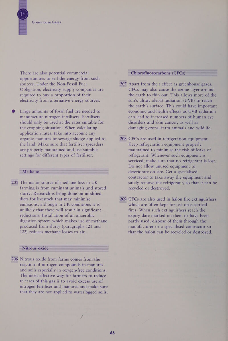   Greenhouse Gases There are also potential commercial opportunities to sell the energy from such sources. Under the Non-Fossil Fuel Obligation, electricity supply companies are required to buy a proportion of their electricity from alternative energy sources. Large amounts of fossil fuel are needed to manufacture nitrogen fertilisers. Fertilisers should only be used at the rates suitable for the cropping situation. When calculating application rates, take into account any organic manures or sewage sludge applied to the land. Make sure that fertiliser spreaders are properly maintained and use suitable settings for different types of fertiliser.           The major source of methane loss in UK farming is from ruminant animals and stored slurry. Research is being done on modified emissions, although in UK conditions it is unlikely that these will result in significant reductions. Installation of an anaerobic digestion system which makes use of methane produced from slurry (paragraphs 121 and 122) reduces methane losses to air.           reaction of nitrogen compounds in manures and soils especially in oxygen-free conditions. The most effective way for farmers to reduce releases of this gas is to avoid excess use of nitrogen fertiliser and manures and make sure that they are not applied to waterlogged soils. 66            207 Apart from their effect as greenhouse gases, CFCs may also cause the ozone layer around the earth to thin out. This allows more of the sun’s ultraviolet-B radiation (UVB) to reach the earth’s surface. This could have important economic and health effects as UVB radiation can lead to increased numbers of human eye disorders and skin cancer, as well as damaging crops, farm animals and wildlife. Keep refrigeration equipment properly maintained to minimise the risk of leaks of refrigerant. Whenever such equipment is serviced, make sure that no refrigerant is lost. Do not allow unused equipment to deteriorate on site. Get a specialised contractor to take away the equipment and safely remove the refrigerant, so that it can be recycled or destroyed. which are often kept for use on electrical fires. When such extinguishers reach the expiry date marked on them or have been partly used, dispose of them through the manufacturer or a specialised contractor so that the halon can be recycled or destroyed.