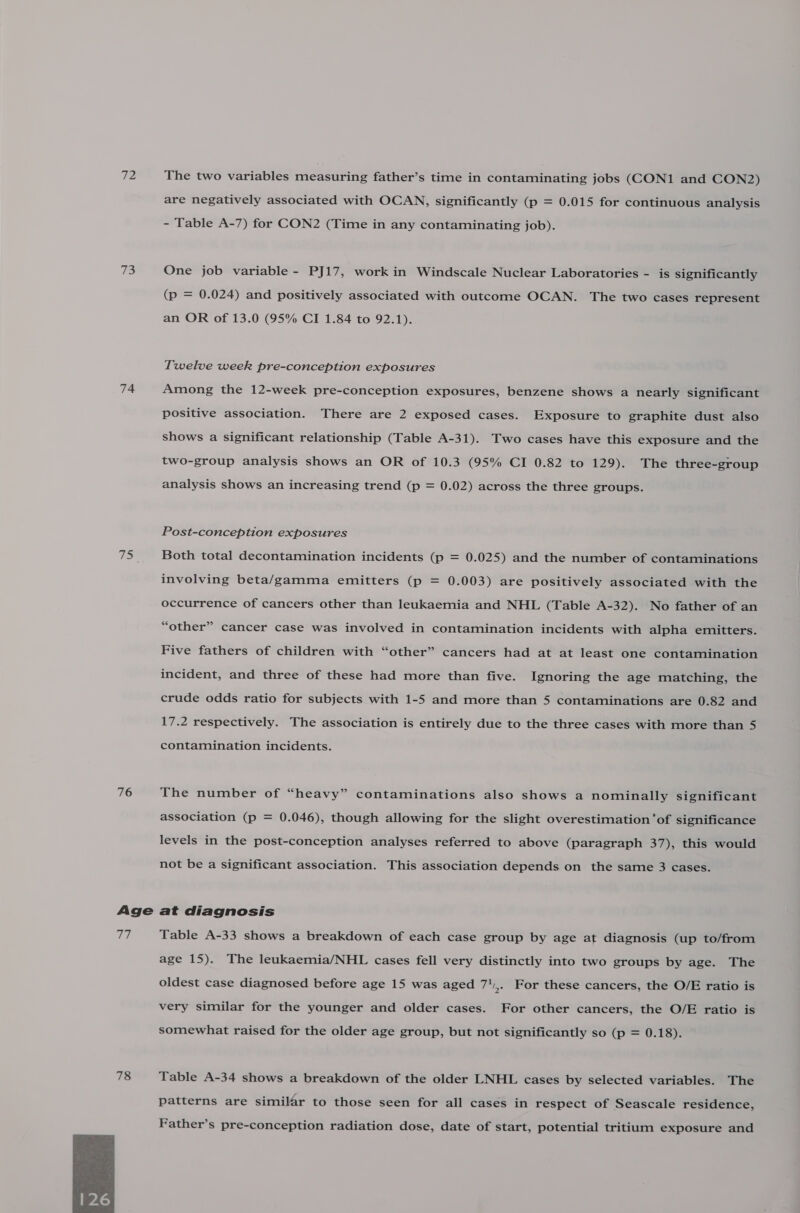 72 7 74 75 76 Age 77 78  The two variables measuring father’s time in contaminating jobs (CON1 and CON2) are negatively associated with OCAN, significantly (p = 0.015 for continuous analysis - Table A-7) for CON2 (Time in any contaminating job). One job variable - PJ17, work in Windscale Nuclear Laboratories - is significantly (p = 0.024) and positively associated with outcome OCAN. The two cases represent an OR of 13.0 (95% CI 1.84 to 92.1). Twelve week pre-conception exposures Among the 12-week pre-conception exposures, benzene shows a nearly significant positive association. There are 2 exposed cases. Exposure to graphite dust also shows a significant relationship (Table A-31). Two cases have this exposure and the two-group analysis shows an OR of 10.3 (95% CI 0.82 to 129). The three-group analysis shows an increasing trend (p = 0.02) across the three groups. Post-conception exposures Both total decontamination incidents (p = 0.025) and the number of contaminations involving beta/gamma emitters (p = 0.003) are positively associated with the occurrence of cancers other than leukaemia and NHL (Table A-32). No father of an “other” cancer case was involved in contamination incidents with alpha emitters. Five fathers of children with “other” cancers had at at least one contamination incident, and three of these had more than five. Ignoring the age matching, the crude odds ratio for subjects with 1-5 and more than 5 contaminations are 0.82 and 17.2 respectively. The association is entirely due to the three cases with more than 5 contamination incidents. The number of “heavy” contaminations also shows a nominally significant association (p = 0.046), though allowing for the slight overestimation ‘of significance levels in the post-conception analyses referred to above (paragraph 37), this would not be a significant association. This association depends on the same 3 cases. at diagnosis Table A-33 shows a breakdown of each case group by age at diagnosis (up to/from age 15). The leukaemia/NHL cases fell very distinctly into two groups by age. The oldest case diagnosed before age 15 was aged 7‘. For these cancers, the O/E ratio is very similar for the younger and older cases. For other cancers, the O/E ratio is somewhat raised for the older age group, but not significantly so (p = 0.18). Table A-34 shows a breakdown of the older LNHL cases by selected variables. The patterns are similar to those seen for all cases in respect of Seascale residence, Father’s pre-conception radiation dose, date of start, potential tritium exposure and