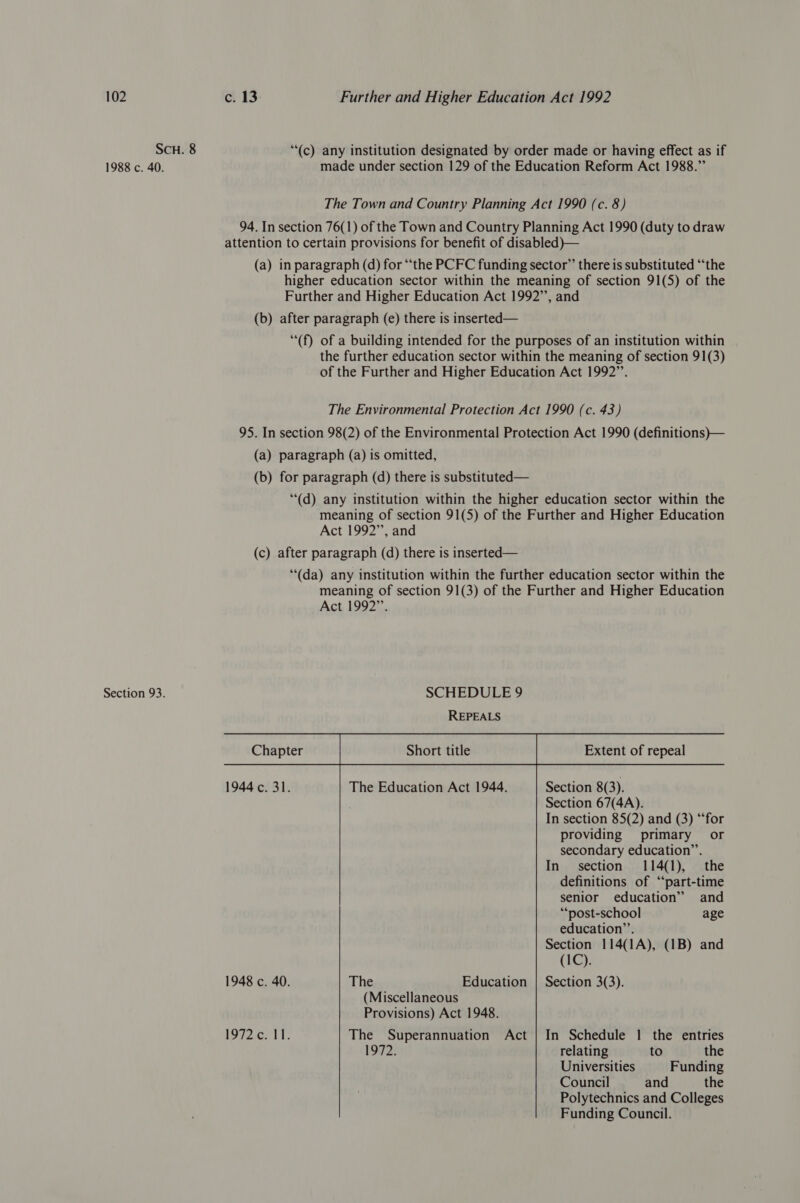 SCH. 8 “(c) any institution designated by order made or having effect as if 1988 c. 40. made under section 129 of the Education Reform Act 1988.” The Town and Country Planning Act 1990 (c. 8) 94. In section 76(1) of the Town and Country Planning Act 1990 (duty to draw attention to certain provisions for benefit of disabled)— (a) in paragraph (d) for “the PCFC funding sector” there is substituted “‘the higher education sector within the meaning of section 91(5) of the Further and Higher Education Act 1992”, and (b) after paragraph (e) there is inserted— “(f) of a building intended for the purposes of an institution within the further education sector within the meaning of section 91(3) of the Further and Higher Education Act 1992”. The Environmental Protection Act 1990 (c. 43) 95. In section 98(2) of the Environmental Protection Act 1990 (definitions)— (a) paragraph (a) is omitted, (b) for paragraph (d) there is substituted— ““(d) any institution within the higher education sector within the meaning of section 91(5) of the Further and Higher Education Act 1992”, and (c) after paragraph (d) there is inserted— “(da) any institution within the further education sector within the meaning of section 91(3) of the Further and Higher Education  Act 1992”. Section 93. SCHEDULE 9 REPEALS 1944 c. 31. The Education Act 1944. Section 8(3). Section 67(4A). In section 85(2) and (3) “for providing primary or secondary education”’. In section 114(1), the definitions of “‘part-time senior education” and ““post-school age education”’. Section 114(1A), (1B) and (1C). 1948 c. 40. The Education | Section 3(3). (Miscellaneous Provisions) Act 1948. ISi2c21T: The Superannuation Act | In Schedule | the entries 1972. relating to the Universities Funding Council and the Polytechnics and Colleges Funding Council.