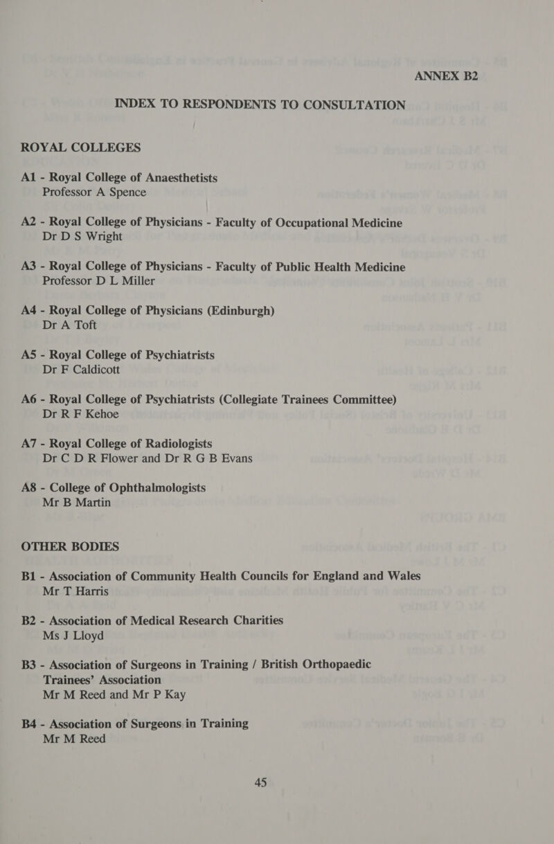 INDEX TO RESPONDENTS TO CONSULTATION ROYAL COLLEGES Al - Royal College of Anaesthetists Professor A Spence A2 - Royal College of Physicians - Faculty of Occupational Medicine Dr D S Wright A3 - Royal College of Physicians - Faculty of Public Health Medicine Professor D L Miller A4 - Royal College of Physicians (Edinburgh) Dr A Toft A5 - Royal College of Psychiatrists Dr F Caldicott A6 - Royal College of Psychiatrists (Collegiate Trainees Committee) Dr R F Kehoe A7 - Royal College of Radiologists Dr C D R Flower and Dr R GB Evans A8 - College of Ophthalmologists Mr B Martin OTHER BODIES B1 - Association of Community Health Councils for England and Wales Mr T Harris B2 - Association of Medical Research Charities Ms J Lloyd B3 - Association of Surgeons in Training / British Orthopaedic Trainees’ Association Mr M Reed and Mr P Kay B4 - Association of Surgeons in Training Mr M Reed