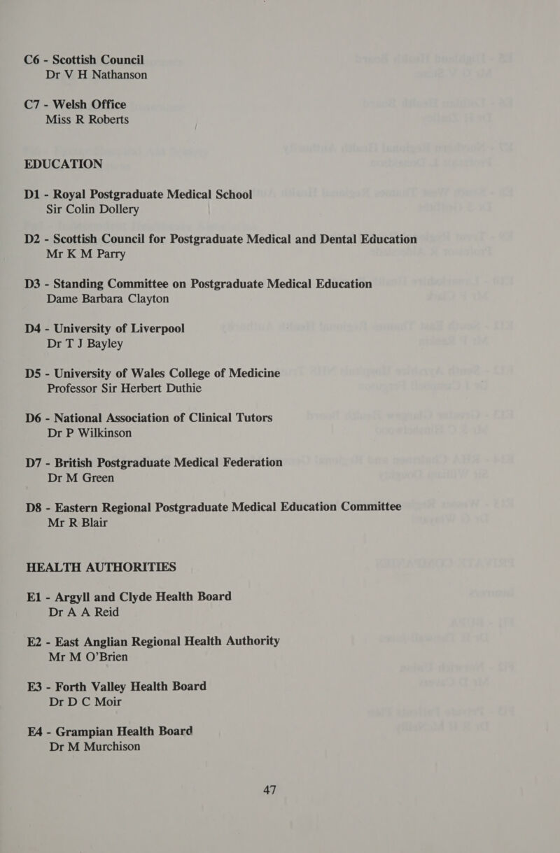 C6 - Scottish Council Dr V H Nathanson C7 - Welsh Office Miss R Roberts EDUCATION D1 - Royal Postgraduate Medical School Sir Colin Dollery D2 - Scottish Council for Postgraduate Medical and Dental Education Mr K M Parry D3 - Standing Committee on Postgraduate Medical Education Dame Barbara Clayton D4 - University of Liverpool Dr T J Bayley D5 - University of Wales College of Medicine Professor Sir Herbert Duthie D6 - National Association of Clinical Tutors Dr P Wilkinson D7 - British Postgraduate Medical Federation Dr M Green D8 - Eastern Regional Postgraduate Medical Education Committee Mr R Blair HEALTH AUTHORITIES E1 - Argyll and Clyde Health Board Dr A A Reid E2 - East Anglian Regional Health Authority Mr M O’Brien E3 - Forth Valley Health Board Dr D C Moir E4 - Grampian Health Board Dr M Murchison