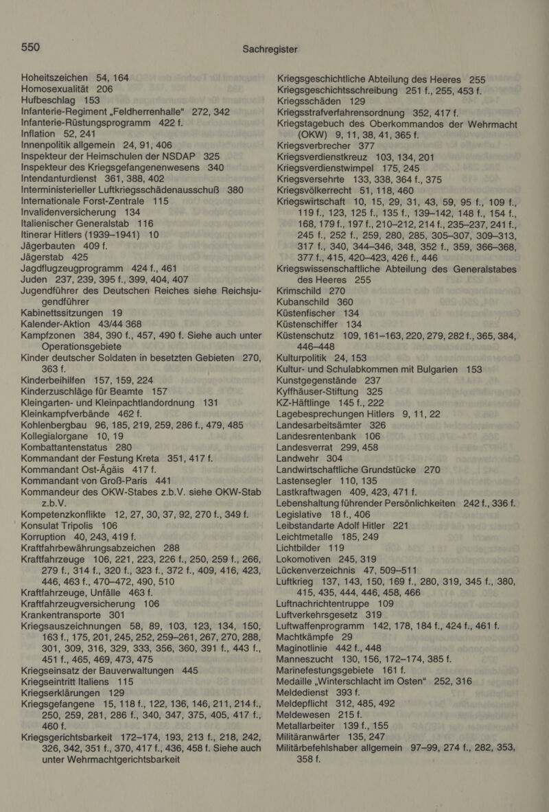 Hoheitszeichen 54, 164 Homosexualität 206 Hufbeschlag 153 Infanterie-Regiment „Feldherrenhalle“ 272, 342 Infanterie-Rüstungsprogramm 422. Inflation 52, 241 Innenpolitik allgemein 24, 91, 406 Inspekteur der Heimschulen der NSDAP 325 Inspekteur des Kriegsgefangenenwesens 340 Intendanturdienst 361, 388, 402 Interministerieller Luftkriegsschädenausschuß 380 Internationale Forst-Zentrale 115 Invalidenversicherung 134 Italienischer Generalstab 116 Itinerar Hitlers (1939-1941) 10 Jägerbauten 409 f. Jägerstab 425 Jagdflugzeugprogramm 424 f., 461 Juden 237, 239, 395 f., 399, 404, 407 Jugendführer des Deutschen Reiches siehe Reichsju- gendführer Kabinettssitzungen 19 Kalender-Aktion 43/44 368 Kampfzonen 384, 390 f., 457, 490 f. Siehe auch unter Operationsgebiete Kinder deutscher Soldaten in besetzten Gebieten 270, 363 f. Kinderbeihilfen 157, 159, 224 Kinderzuschläge für Beamte 157 Kleingarten- und Kleinpachtlandordnung 131 Kleinkampfverbände 462 f. Kohlenbergbau 96, 185, 219, 259, 286 f., 479, 485 Kollegialorgane 10, 19 Kombattantenstatus 280 Kommandant der Festung Kreta 351, 417 f. Kommandant Ost-Ägäis 417 f. Kommandant von Groß-Paris 441 Kommandeur des OKW-Stabes z.b.V. siehe OKW-Stab z.b.V. Kompetenzkonflikte 12, 27, 30, 37, 92, 270 f., 349 f. Konsulat Tripolis 106 Korruption 40, 243, 419 f. Kraftfahrbewährungsabzeichen 288 Kraftfahrzeuge 106, 221, 223, 226 f., 250, 259 f., 266, 279 f., 314 f., 320 f., 323 f., 372 f., 409, 416, 423, 446, 463 f., 470-472, 490, 510 Kraftfahrzeuge, Unfälle 463 f. Kraftfahrzeugversicherung 106 Krankentransporte 301 Kriegsauszeichnungen 58, 89, 103, 123, 134, 150, 163 f., 175, 201, 245, 252, 259-261, 267, 270, 288, 301, 309, 316, 329, 333, 356, 360, 391 f., 443 f., 451 f., 465, 469, 473, 475 Kriegseinsatz der Bauverwaltungen 445 Kriegseintritt Italiens 115 Kriegserklärungen 129 Kriegsgefangene 15, 118 f., 122, 136, 146, 211, 214 f., 250, 259, 281, 286 f., 340, 347, 375, 405, 417 f., 460 f. Kriegsgerichtsbarkeit 172-174, 193, 213 f., 218, 242, 326, 342, 351 f., 370, 417 f., 436, 458 f. Siehe auch unter Wehrmachtgerichtsbarkeit Kriegsgeschichtliche Abteilung des Heeres 255 Kriegsgeschichtsschreibung 251 f., 255, 453 f. Kriegsschäden 129 Kriegsstrafverfahrensordnung 352, 417 f. Kriegstagebuch des Oberkommandos der Wehrmacht (OKW) 9, 11, 38, 41, 365 f. Kriegsverbrecher 377 Kriegsverdienstkreuz 103, 134, 201 Kriegsverdienstwimpel 175, 245 Kriegsversehrte 133, 338, 364 f., 375 Kriegsvölkerrecht 51, 118, 460 Kriegswirtschaft 10, 15, 29, 31, 43, 59, 95 f., 109 f., 119f., 123, 125 f., 135 f., 139-142, 148 f., 154 f., 168, 179 f., 197 f., 210-212, 214 f., 235-237, 241 f., 245 f., 252 f., 259, 280, 285, 305-307, 309-313, 317 f., 340, 344-346, 348, 352 f., 359, 366-368, 377 f., 415, 420-423, 426 f., 446 Kriegswissenschaftliche Abteilung des Generalstabes des Heeres 255 Krimschild 270 Kubanschild 360 Küstenfischer 134 Küstenschiffer 134 Küstenschutz 109, 161-163, 220, 279, 282 f., 365, 384, 446-448 Kulturpolitik 24, 153 Kultur- und Schulabkommen mit Bulgarien 153 Kunstgegenstände 237 Kyffhäuser-Stiftung 325 KZ-Häftlinge 145 f., 222 Lagebesprechungen Hitlers 9, 11, 22 Landesarbeitsämter 326 Landesrentenbank 106 Landesverrat 299, 458 Landwehr 304 Landwirtschaftliche Grundstücke 270 Lastensegler 110, 135 Lastkraftwagen 409, 423, 471 f. Lebenshaltung führender Persönlichkeiten 242f., 336 f. Legislative 18 f., 406 Leibstandarte Adolf Hitler 221 Leichtmetalle 185, 249 Lichtbilder 119 Lokomotiven 245, 319 Lückenverzeichnis 47, 509-511 Luftkrieg 137, 143, 150, 169 f., 280, 319, 345 f., 380, 415, 435, 444, 446, 458, 466 Luftnachrichtentruppe 109 Luftverkehrsgesetz 319 Luftwaffenprogramm 142, 178, 184 f., 424 f., 461 f. Machtkämpfe 29 Maginotlinie 442 f., 448 Manneszucht 130, 156, 172-174, 385 f. Marinefestungsgebiete 161 f. Medaille „Winterschlacht im Osten“ 252, 316 Meldedienst 393 f. Meldepflicht 312, 485, 492 Meldewesen 215f. Metallarbeiter 139 f., 155 Militäranwärter 135, 247 Militärbefehlshaber allgemein 97-99, 274 f., 282, 353, 358 f.