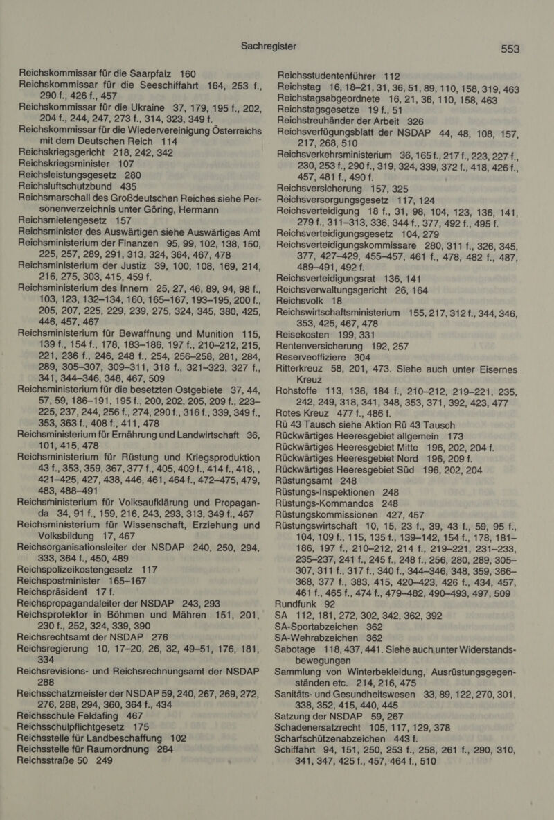 Reichskommissar für die Seeschiffahrt 164, 253 f., 290 f., 426 f., 457 Reichskommissar für die Ukraine 37, 179, 195 f., 202, 204 f., 244, 247, 273 f., 314, 323, 349 f. Reichskommissar für die Wiedervereinigung Österreichs mit dem Deutschen Reich 114 Reichskriegsgericht 218, 242, 342 Reichskriegsminister 107 Reichsleistungsgesetz 280 Reichsluftschutzbund 435 Reichsmarschall des Großdeutschen Reiches siehe Per- sonenverzeichnis unter Göring, Hermann Reichsmietengesetz 157 Reichsminister des Auswärtigen siehe Auswärtiges Amt Reichsministerium der Finanzen 95, 99, 102, 138, 150, 225, 257, 289, 291, 313, 324, 364, 467, 478 Reichsministerium der Justiz 39, 100, 108, 169, 214, 216, 275, 303, 415, 459 f. Reichsministerium des Innern 25, 27, 46, 89, 94, 98 f., 103, 123, 132-134, 160, 165-167, 193-195, 200 f., 205, 207, 225, 229, 239, 275, 324, 345, 380, 425, 446, 457, 467 Reichsministerium für Bewaffnung und Munition 115, 139 f., 154 f., 178, 183-186, 197 f., 210-212, 215, 221, 236 f., 246, 248 f., 254, 256-258, 281, 284, 289, 305-307, 309-311, 318 f., 321-323, 327 f., 341, 344-346, 348, 467, 509 Reichsministerium für die besetzten Ostgebiete 37, 44, 57, 59, 186-191, 195 f., 200, 202, 205, 209 f., 223- 225, 237, 244, 256 f., 274, 290 f., 316 f., 339, 349 f., 353, 363 f., 408 f., 411, 478 Reichsministerium für Ernährung und Landwirtschaft 36, 101, 415, 478 Reichsministerium für Rüstung und Kriegsproduktion 43 f., 353, 359, 367, 377 f., 405, 409 f., 414 f., 418, , 421-425, 427, 438, 446, 461, 464 f., 472-475, 479, 483, 488-491 Reichsministerium für Volksaufklärung und Propagan- da 34, 91 f., 159, 216, 243, 293, 313, 349 f., 467 Reichsministerium für Wissenschaft, Erziehung und Volksbildung 17, 467 Reichsorganisationsleiter der NSDAP 240, 250, 294, 333, 364 f., 450, 489 Reichspolizeikostengesetz 117 Reichspostminister 165-167 Reichspräsident 17 f. Reichspropagandaleiter der NSDAP 243, 293 Reichsprotektor in Böhmen und Mähren 151, 201, 230 f., 252, 324, 339, 390 Reichsrechtsamt der NSDAP 276 Reichsregierung 10, 17-20, 26, 32, 49-51, 176, 181, 334 Reichsrevisions- und Reichsrechnungsamt der NSDAP 288 Reichsschatzmeister der NSDAP 59, 240, 267, 269, 272, 276, 288, 294, 360, 364 f., 434 Reichsschule Feldafing 467 Reichsschulpflichtgesetz 175 Reichsstelle für Landbeschaffung 102 Reichsstelle für Raumordnung 284 Reichsstraße 50 249 553 Reichstag 16, 18-21, 31, 36, 51, 89, 110, 158, 319, 463 Reichstagsabgeordnete 16, 21, 36, 110, 158, 463 Reichstagsgesetze 19 f., 51 Reichstreuhänder der Arbeit 326 Reichsverfügungsblatt der NSDAP 44, 48, 108, 157, 217, 268, 510 230, 253 f., 290 f., 319, 324, 339, 372 f., 418, 426 f., 457, 481 f., 490 f. Reichsversicherung 157, 325 Reichsversorgungsgesetz 117, 124 Reichsverteidigung 18 f., 31, 98, 104, 123, 136, 141, 279 f., 311-313, 336, 344 f., 377, 492 f., 495 f. Reichsverteidigungsgesetz 104, 279 Reichsverteidigungskommissare 280, 311 f., 326, 345, 377, 427-429, 455-457, 461 f., 478, 482 f., 487, 489-491, 492 f. Reichsverteidigungsrat 136, 141 Reichsverwaltungsgericht 26, 164 Reichsvolk 18 Reichswirtschaftsministerium 155, 217,312 f., 344, 346, 353, 425, 467, 478 Reisekosten 199, 331 Rentenversicherung 192, 257 Reserveoffiziere 304 Ritterkreuz 58, 201, 473. Siehe auch unter Eisernes Kreuz Rohstoffe 113, 136, 184 f., 210-212, 219-221, 235, 242, 249, 318, 341, 348, 353, 371, 392, 423, 477 Rotes Kreuz 477f., 486 f. Rü 43 Tausch siehe Aktion Rü 43 Tausch Rückwärtiges Heeresgebiet allgemein 173 Rückwärtiges Heeresgebiet Mitte 196, 202, 204 f. Rückwärtiges Heeresgebiet Nord 196, 209 f. Rückwärtiges Heeresgebiet Süd 196, 202, 204 Rüstungsamt 248 Rüstungs-Inspektionen 248 Rüstungs-Kommandos 248 Rüstungskommissionen 427, 457 Rüstungswirtschaft 10, 15, 23 f., 39, 43 f., 59, 95 f., 104, 109 f., 115, 135 f., 139-142, 154 f., 178, 181- 186, 197 f., 210-212, 214 f., 219-221, 231-233, 235-237, 241 f., 245 f., 248 f., 256, 280, 289, 305- 307, 311 f., 317 f., 340 f., 344-346, 348, 359, 366- 368, 377 f., 383, 415, 420-423, 426 f., 434, 457, 461 f., 465 f., 474 f., 479-482, 490-493, 497, 509 Rundfunk 92 SA 112, 181, 272, 302, 342, 362, 392 SA-Sportabzeichen 362 SA-Wehrabzeichen 362 Sabotage 118, 437, 441. Siehe auch unter Widerstands- bewegungen Sammlung von Winterbekleidung, Ausrüstungsgegen- ständen etc. 214, 216, 475 Sanitäts- und Gesundheitswesen 33, 89, 122, 270, 301, 338, 352, 415, 440, 445 Satzung der NSDAP 59, 267 Schadenersatzrecht 105, 117, 129, 378 Scharfschützenabzeichen 443 f. Schiffahrt 94, 151, 250, 253 f., 258, 261 f., 290, 310, 341, 347, 425 f., 457, 464 f., 510