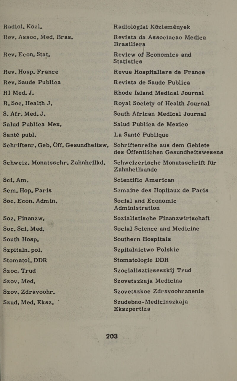 Radiol, Közl. Rev. Assoc, Med, Bras, Rev, Econ, Stat, Rev. Hosp, France Rev. Saude Publica RI Med. J, R. S0ec, Health J, 5, Afr, Med. J. Salud Publica Mex, Santé publ, Schriftenr. Geb, Öff, Gesundheitsw, Schweiz. Monatsschr, Zahnheilkd, Sci. Am, Sem, Hop. Paris S0c, Econ, Admin, Soz, Finanzw, Soc, Sci, Med, South Hosp, Szpitaln., pol, Stomatol, DDR Szoc, Trud Szov, Med, Szov, Zdravoohr, Szud. Med, Eksz. Radiológiai Közlemények Revista da Ássociacao Medica Brasilliera Review of Economics and Statistics Revue Hospitaliere de France Revista de Saude Publica Rhode Island Medical Journal Royal Society of Health Journal South African Medical Journal Salud Publica de Mexico La Santé Publigue Schriftenreihe aus dem Gebiete des Öffentlichen Gesundheitswesens Schweizerische Monatsschrift für Zahnheilkunde Scientific American Semaine des Hopitaux de Paris Social and Economic Administration Sozialistische Finanzwirtschaft Social Science and Medicine Southern Hospitals I Szpitalnictwo Polskie Stomatologie DDR Szocialiszticseszkij Trud Szovetszkaja Medicina Szovetszkoe Zdravoohranenie Szudebno-Medicinszkaja Ekszpertiza