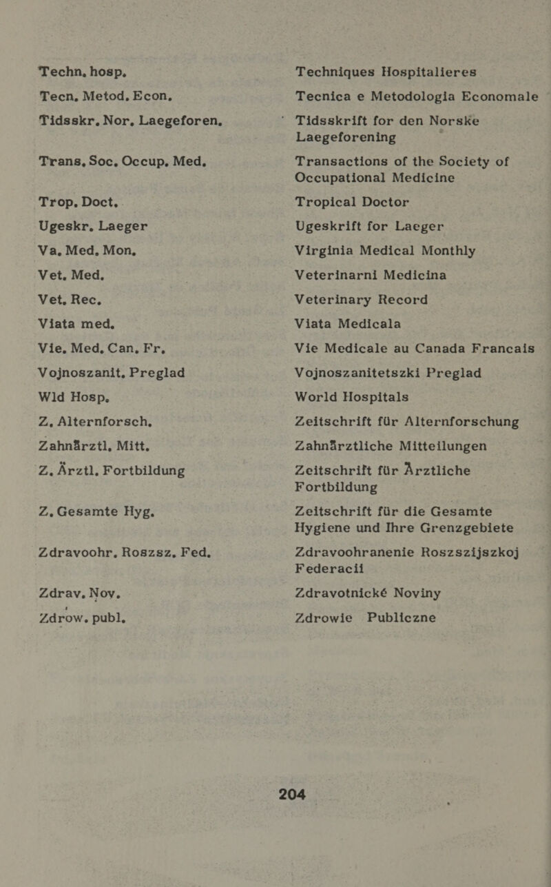 Techn, hosp, Tecn, Metod, Econ, Tidsskr. Nor, Laegeforen, Trans, Soc, Occup, Med, Trop. Doct, . Ugeskr. Laeger Va. Med, Mon, Vet. Med, Vet. Rec. Viata med. Vie. Med, Can. Fr, Vojnoszanit, Preglad Wild Hosp, Z. Alternforsch, Zahnárztl, Mitt. Z. Arztl. Fortbildung Z. Gesamte Hyg. Zdravoohr, Roszsz, Fed. Zdrav, Noy, Zdrow. publ, Technigues Hospitalieres Tecnica e Metodologia Economale Laegeforening Transactions of the Society of Occupational Medicine Tropical Doctor Ugeskrift for Laeger Virginia Medical Monthly Veterinarni Medicina Veterinary Record Viata Medicala Vie Medicale au Canada Francais Vojnoszanitetszki Preglad World Hospitals Zeitschrift für Alternforschung Zahnárztliche Mitteilungen Zeitschrift für Árztliche Fortbildung Zeitschrift für die Gesamte Hygiene und Ihre Grenzgebiete Zdravoohranenie Roszszijszkoj Federacii Zdravotnické Noviny Zdrowie Publiczne