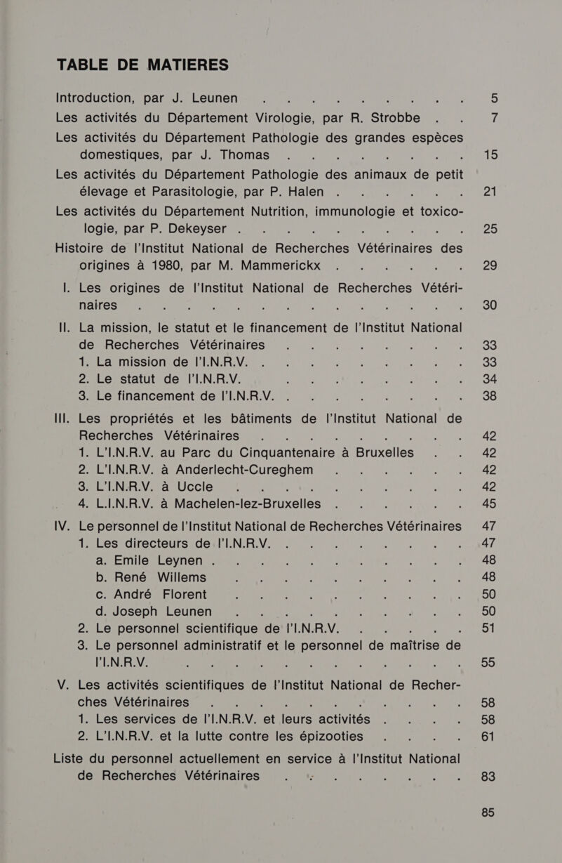 domestiques, par J. Thomas élevage et Parasitologie, par P. Halen logie, par P. Dekeyser origines à 1980, par M. Mammerickx Les origines de l'Institut National de Recherches Vétéri- naires de Recherches Vétérinaires 1. La mission de l'I.N.R.V. 2. Le statut de l'I.N.R.V. 3. Le financement de l'I.N.R.V. Les propriétés et les bâtiments de l'Institut National de Recherches Vétérinaires 1: L'IN.R.V. au Parc du RARE à y QILE 2. L'IN.R.V. à Anderlecht-Cureghem 3. L'IN.R.V. à Uccle 4. L.IN.R.V. à Machelen-lez- STE 1. Les directeurs de l'I.N.R.V. a. Emile Leynen . b. René Willems c. André Florent d. Joseph Leunen 2. Le personnel scientifique de l'IN. RV. 3. Le personnel administratif et le personnel de eltilee % l'IN.R.V. Les activités scientifiques de l'Institut National de Recher- ches Vétérinaires 1. Les services de l'I.N.R.V. a Eur cités 2. L'IN.R.V. et la lutte contre les épizooties de Recherches Vétérinaires 15 21 25 29 30 33 33 34 38 42 42 42 42 45 47 47 48 48 50 90 91 55 58 58 61 83
